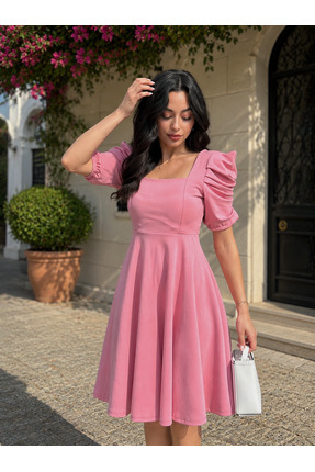 Sunlit Collections Kadın Pembe Düz Renk Arka Fermuarlı Büzgülü Kollu Kare Yak...