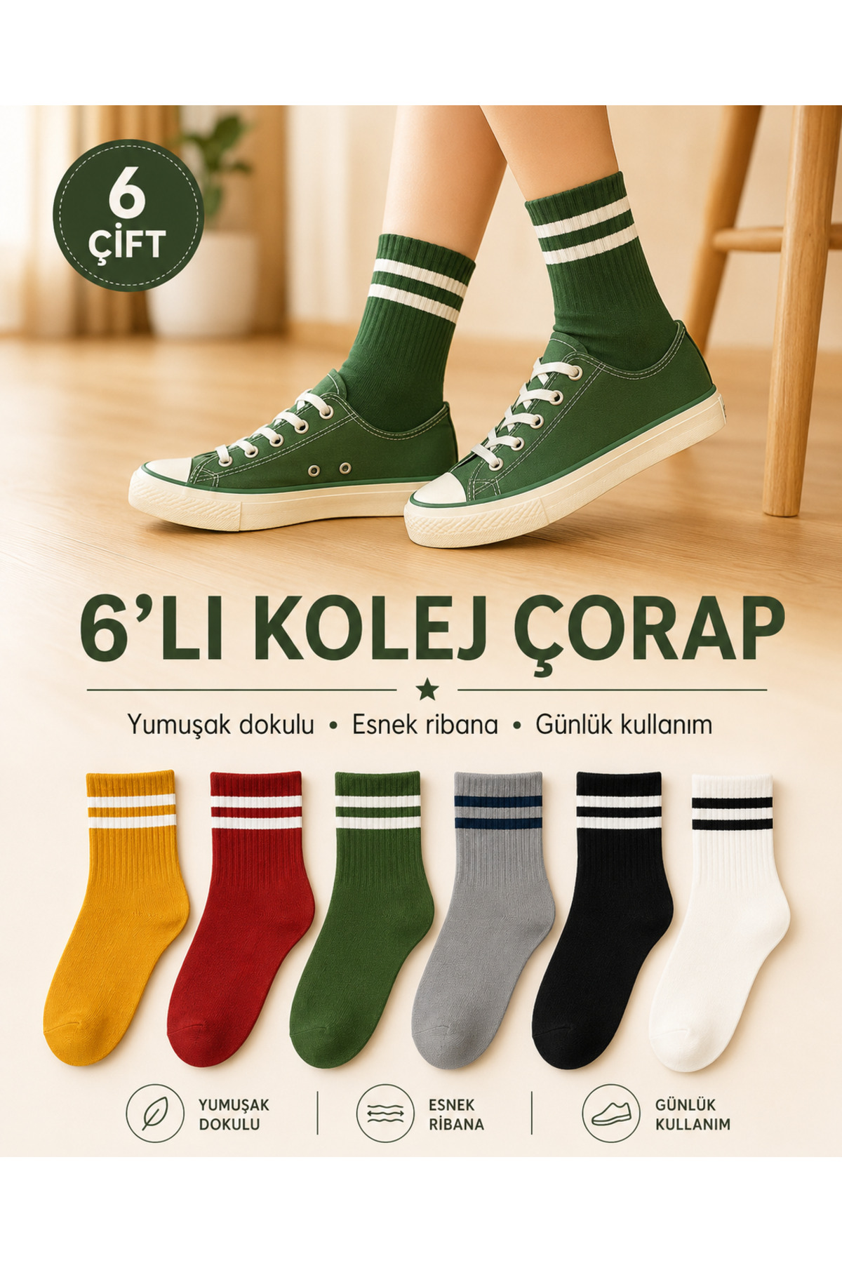 çorapkolik 6'lı Unisex Karışık Renkli Çizgili Pamuklu Tenis Kolej Çorap görsel 2