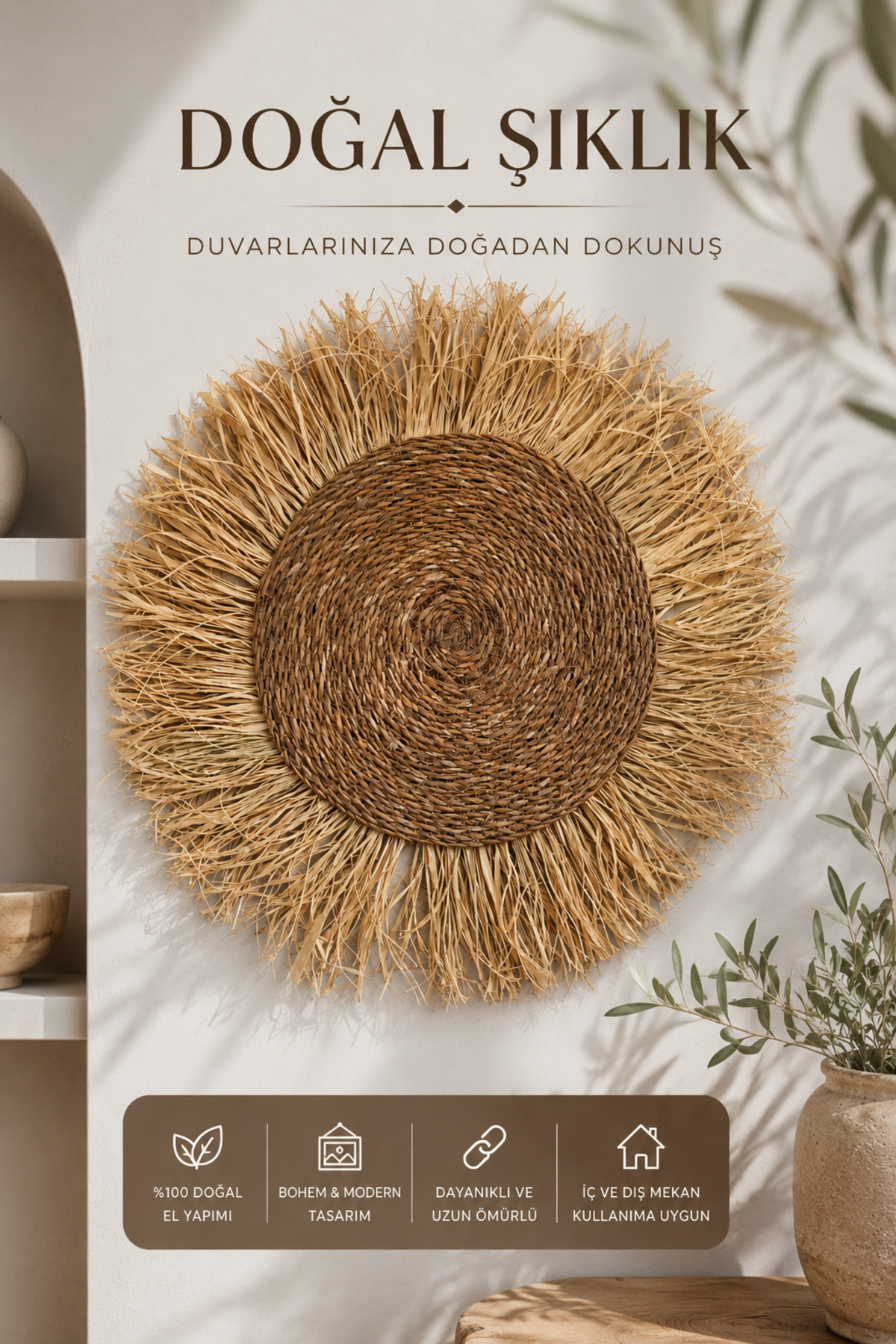Sun 50 Cm Bohemian Natural Wicker Wall Decor Handmade Decorative Wall Decoration Natural Fiber Wall Ornament Bohemian Rustic Modern Home Living Room Entrance Handmade Decorative Wall Ornament Accessory