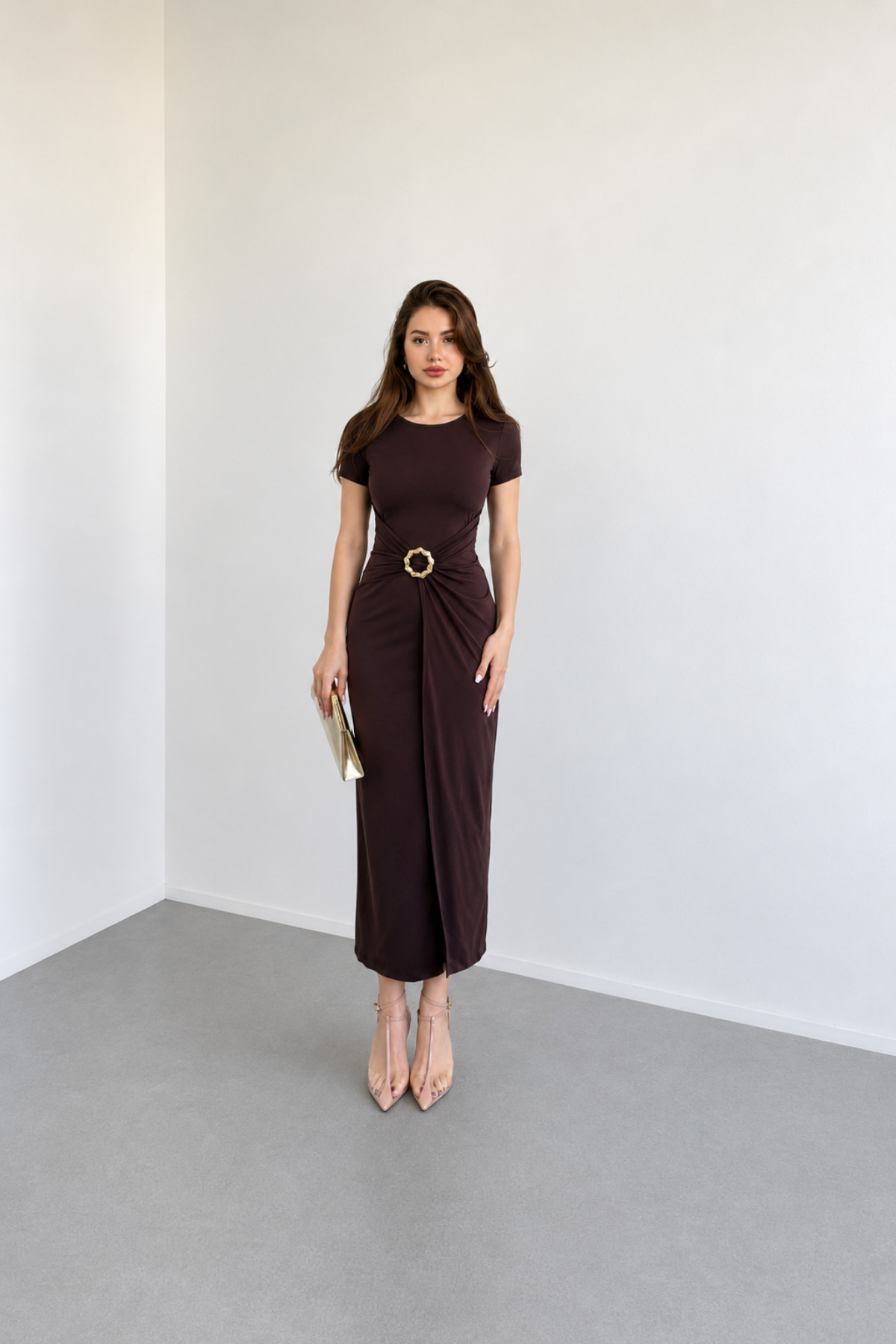 Nika Fashion  Meloni Kısa Kollu Aksesuarlı Sandy Elbise