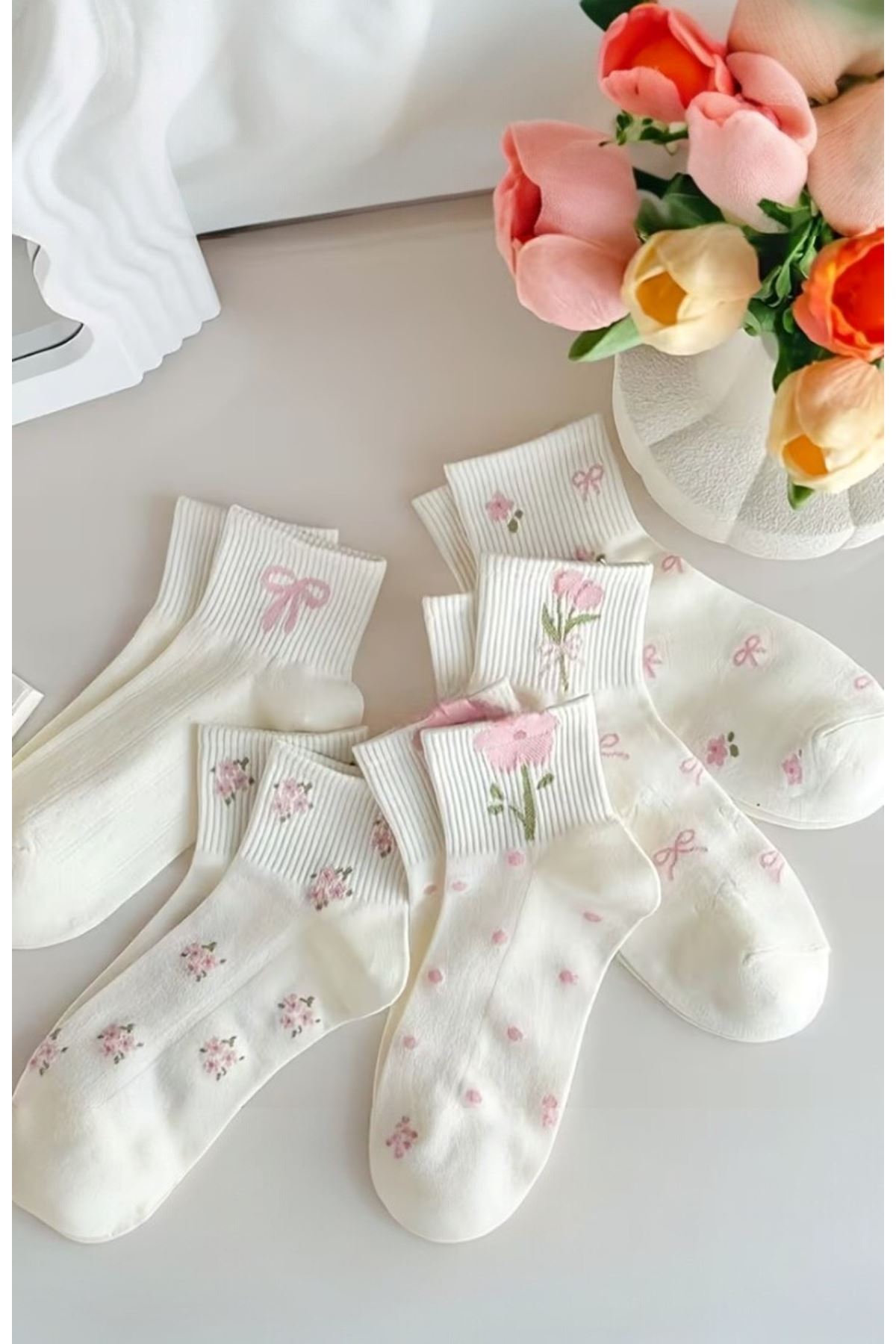 Hitit Socks Kadın 5 Çift Premium Karışık Çiçek Desenli Kısa Patik Çorap Bilek Çorabı Beyaz görsel 2
