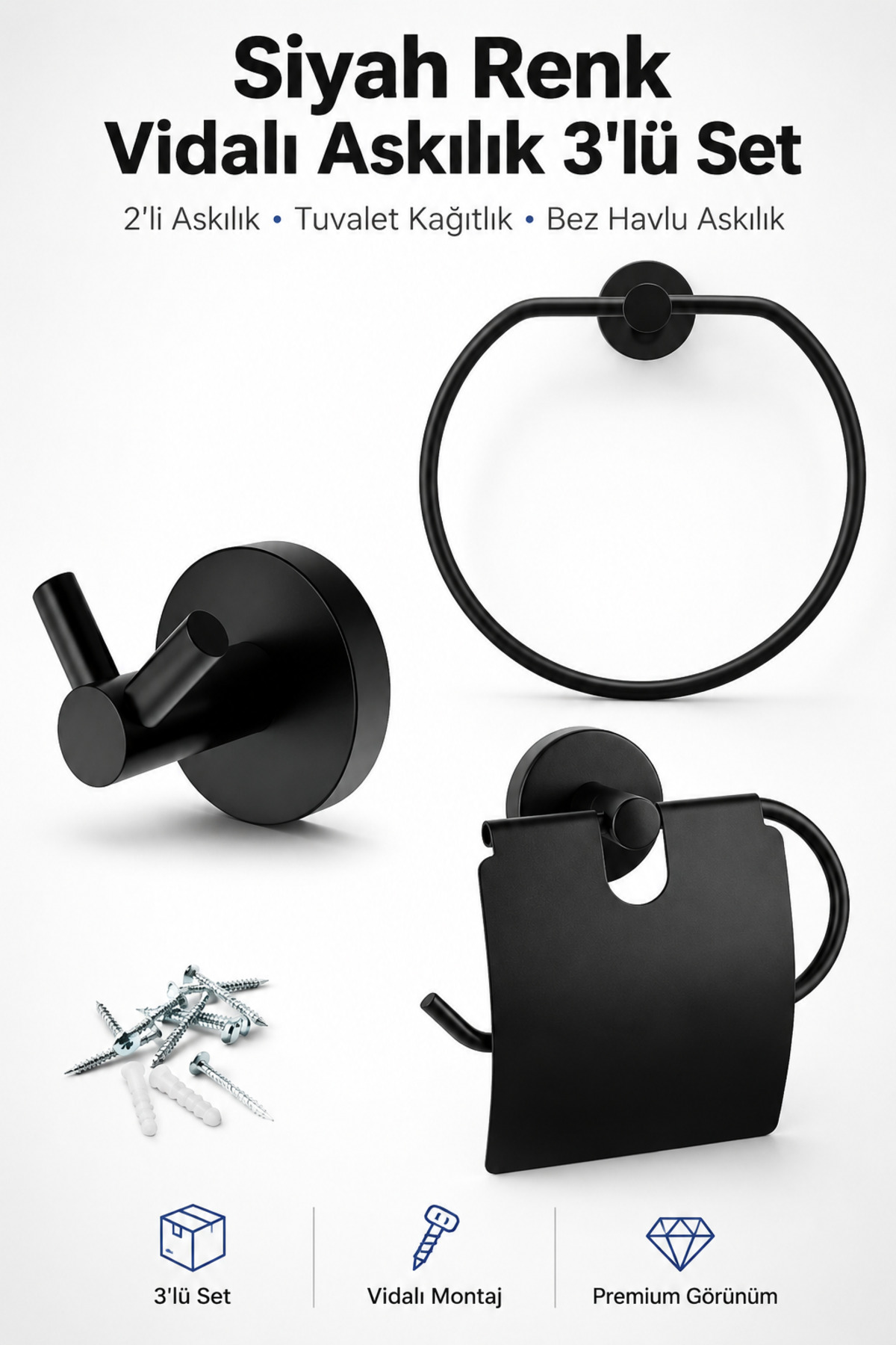 Metal Solid Apparatus Screw Sink Bathroom WC Cloth Towel Fork Hanger Black Toilet Paper Holder Set of 3
