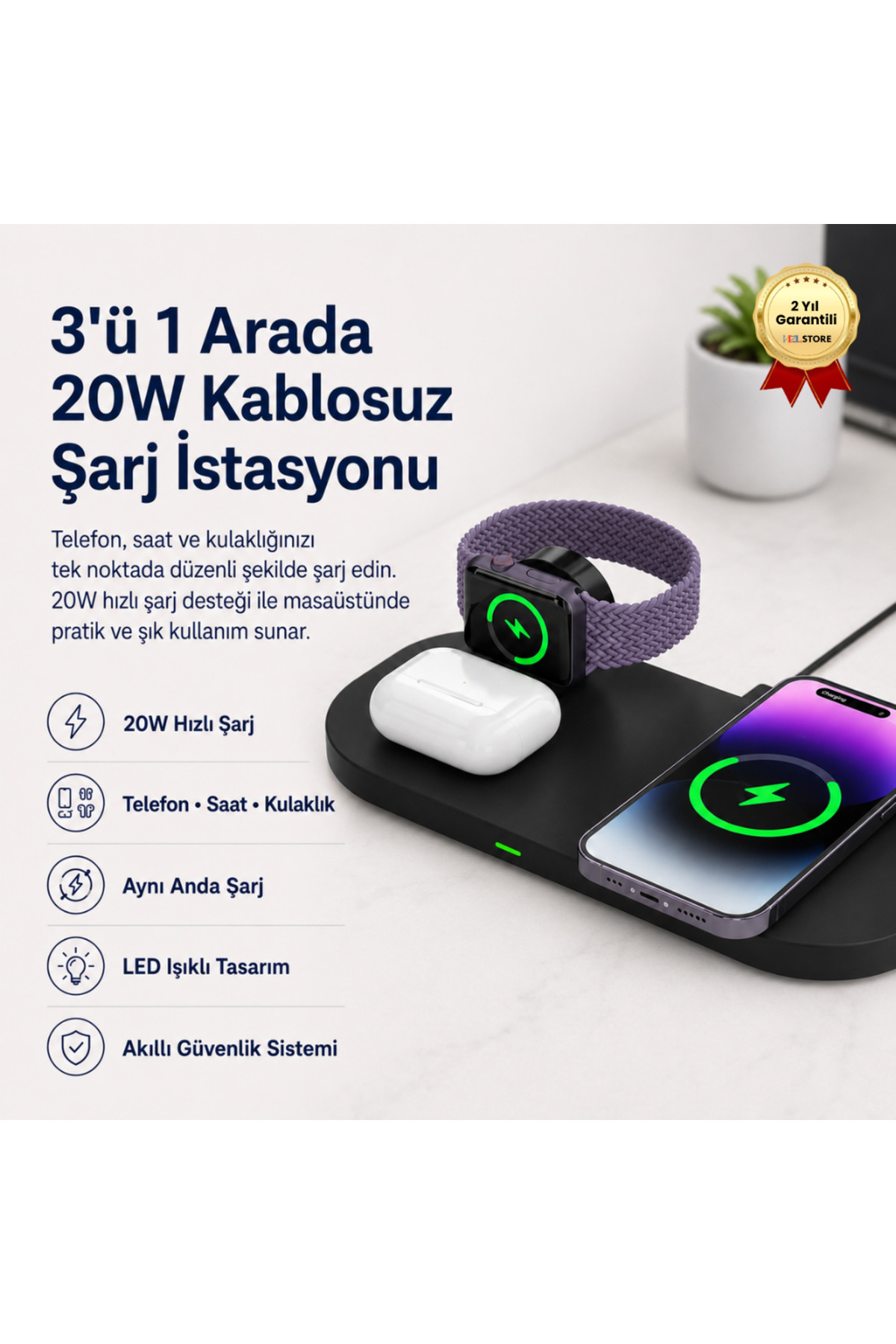 HZL 3-1 Arada 20W Hızlı Şarj Kablosuz Wireless LED Işıklı Iphone
