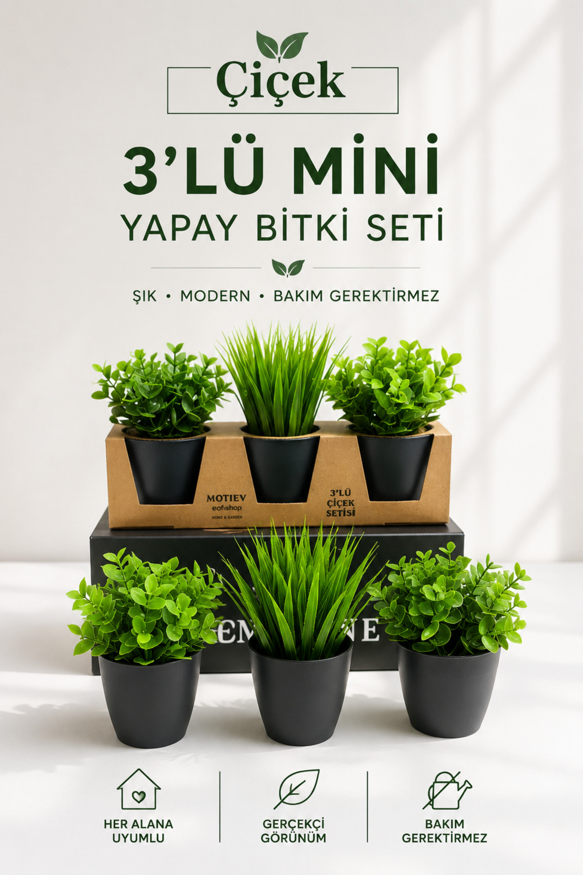 3’lü Mini Yapay Bitki Seti – Dekoratif Saksılı Modern Masa Üstü