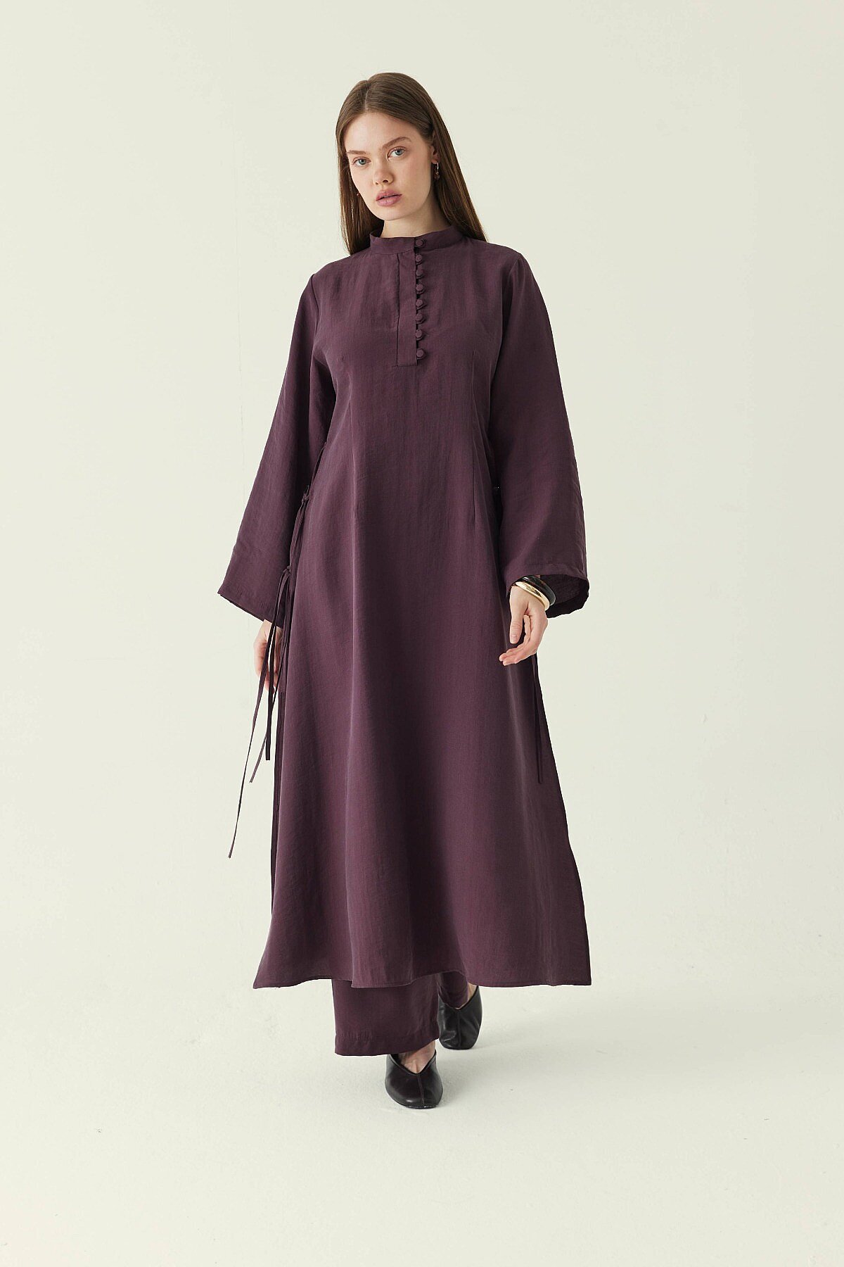 ZÜLAYS Wide Sleeve Buttoned Tunic Set Plum