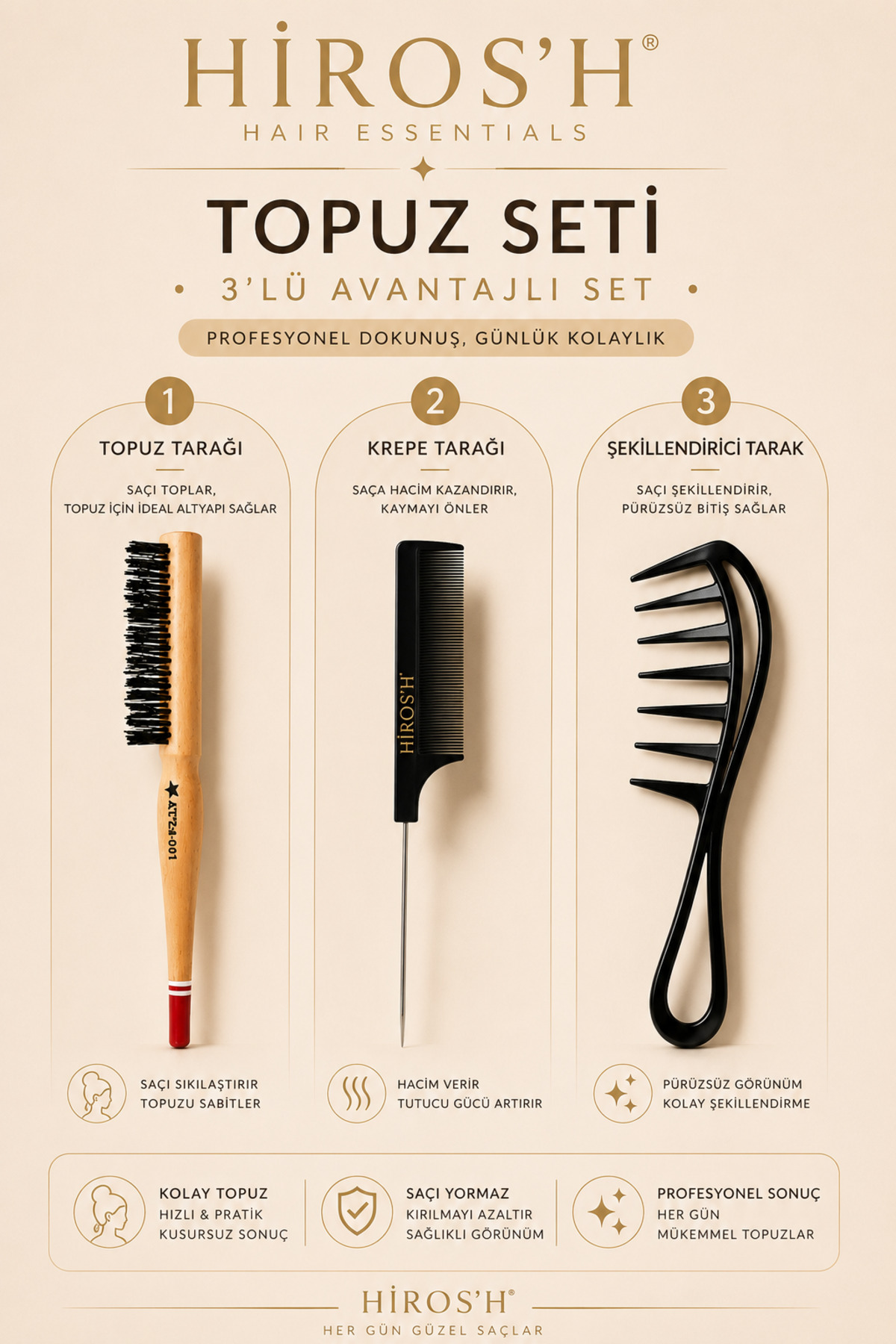 HİROS'H Professionelle Knopfbürste und Haarstyling-Kamm