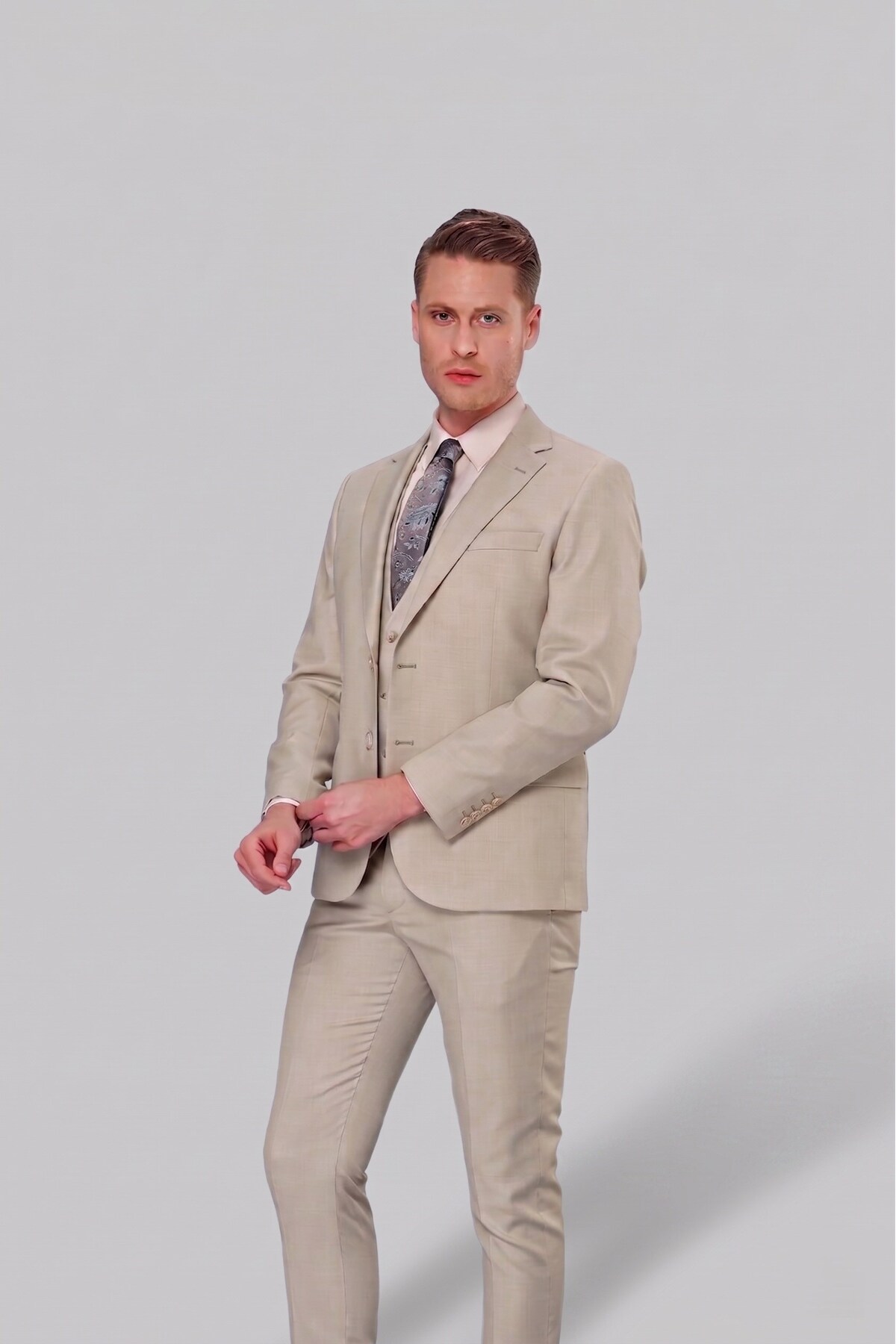 Efor Erkek Slim Fit Mono Yaka Düz Çağla Yelekli Takım Elbise TK 871 görsel 3