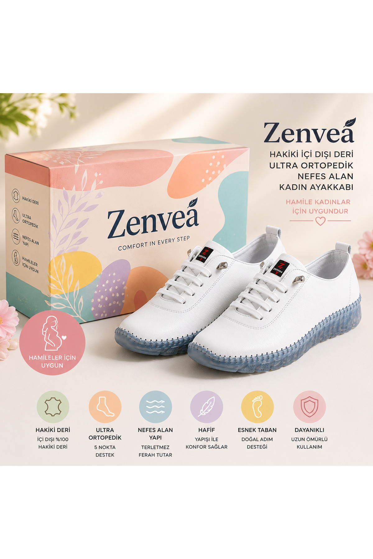 Zenvea HAKİKİ İÇİ DIŞI DERİ ULTRA ORTOPEDİK NEFES ALAN KADIN AYAKKABI HAMİLE KADNLAR İÇİN UYGUNDUR görsel 3