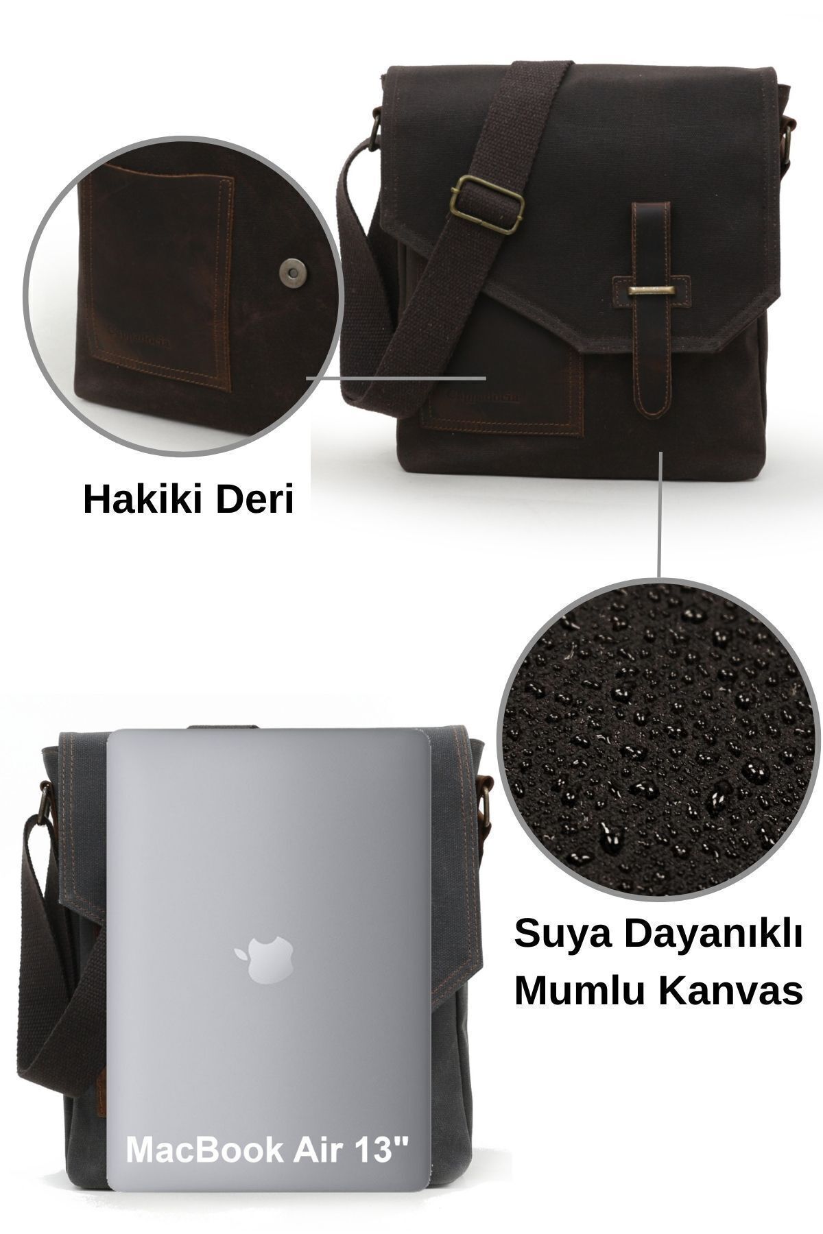 Cappadocia Vintage Hakiki Deri 4035 Teos Acı Kahve Suya Dayanıklı Postacı Omuz Mumlu Kanvas Laptop Okul Çantası görsel 5