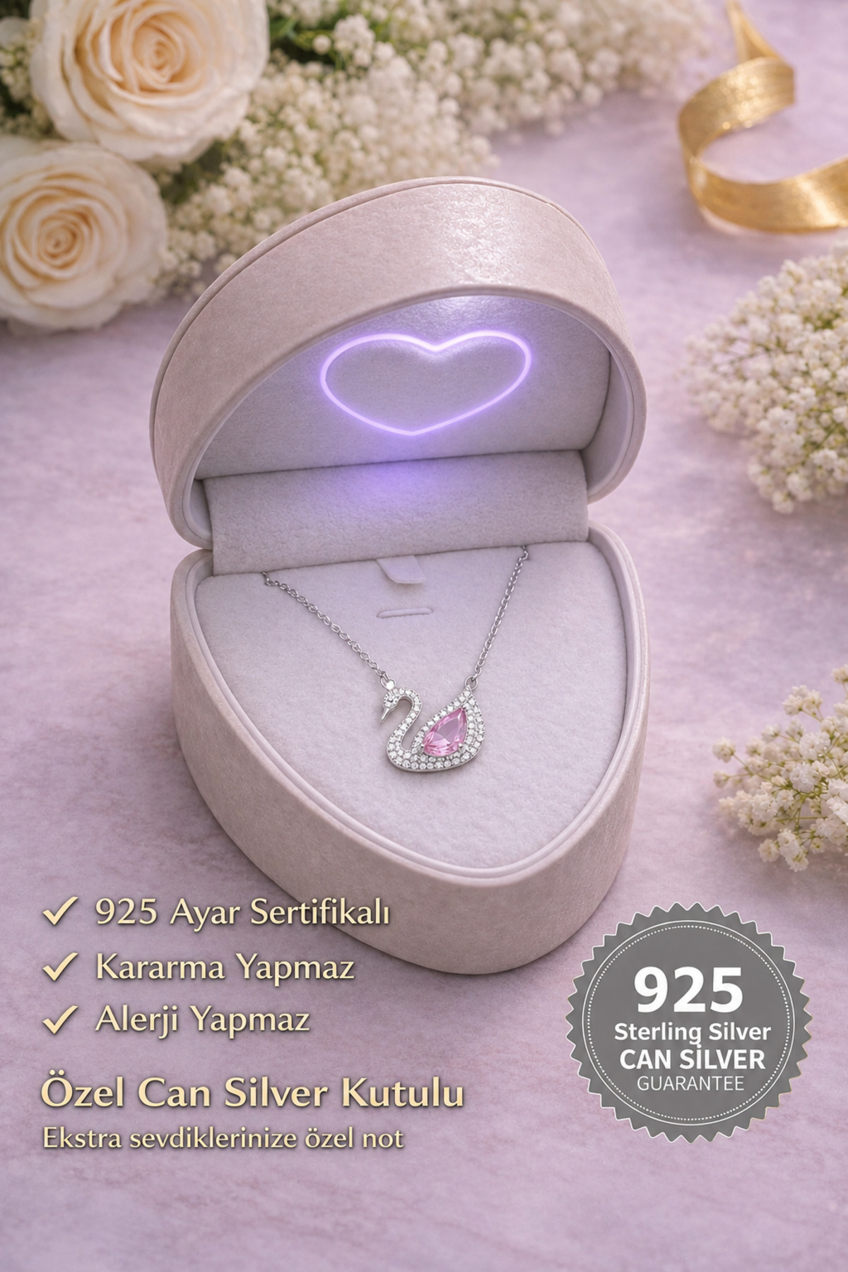 CAN SİLVER Pembe Zirkon Taşlı Kuğu Kolye | 925 Ayar Gümüş Kolye- Gümüş Kuğu Kadın Kolye- Kuğu Kolye Gümüş