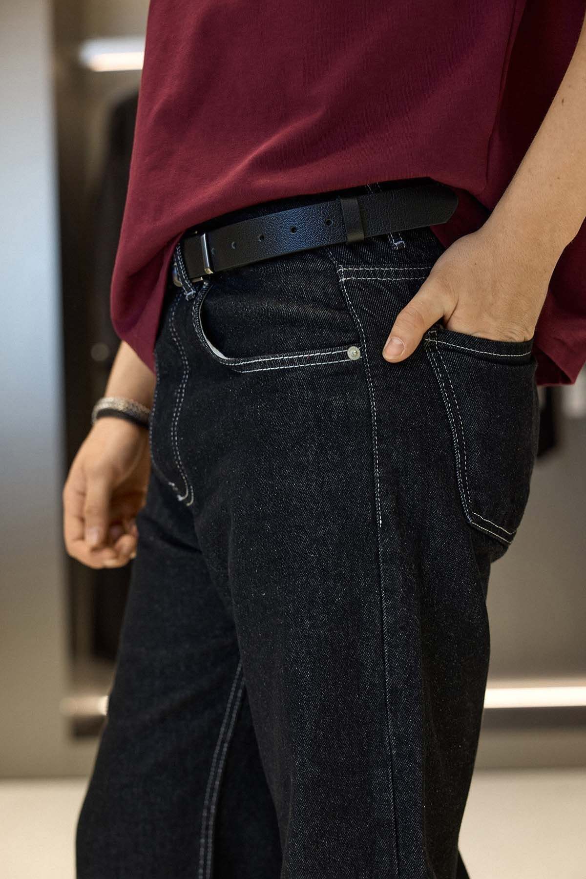 ablukaonline Erkek Baggy Fit Kontrast Dikişli Jean Pantolon Siyah görsel 4