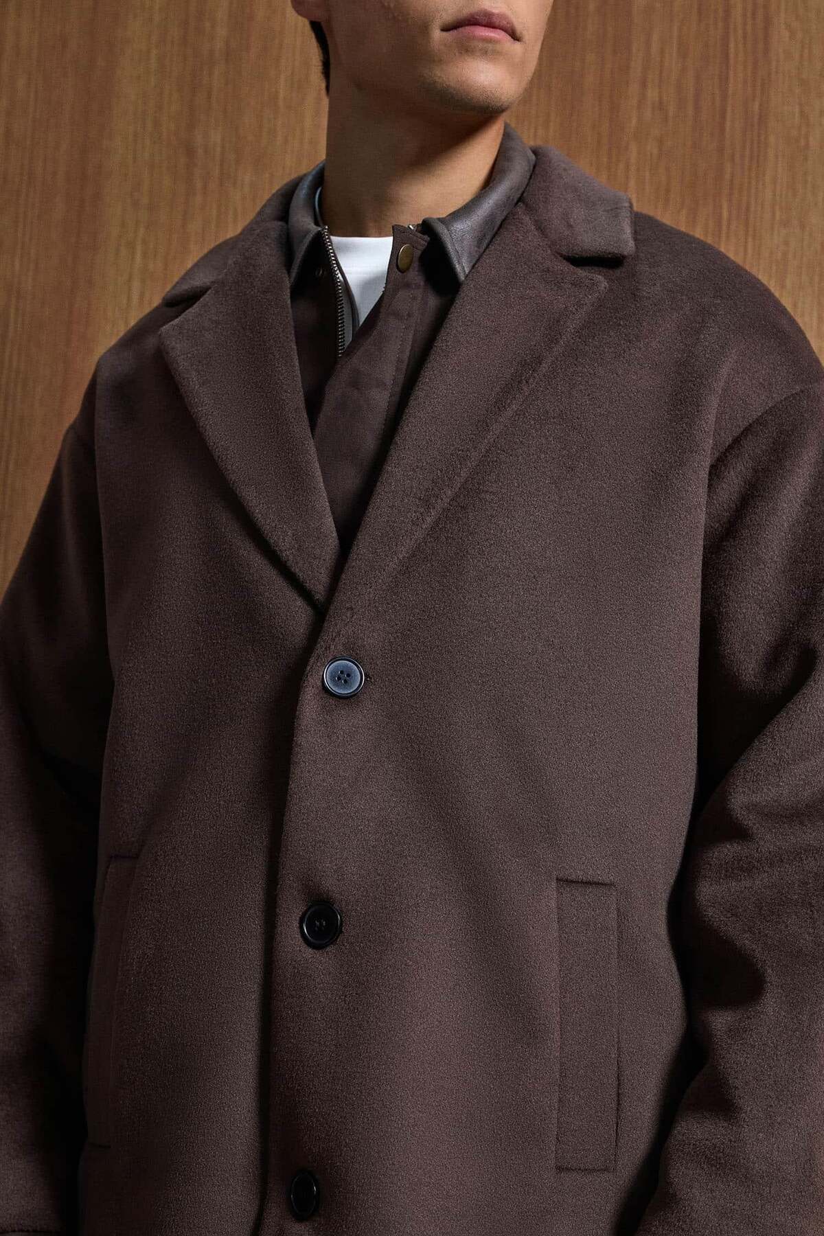 ablukaonline Erkek Oversize Düğmeli Kaşe Kaban Koyu Kahve görsel 2