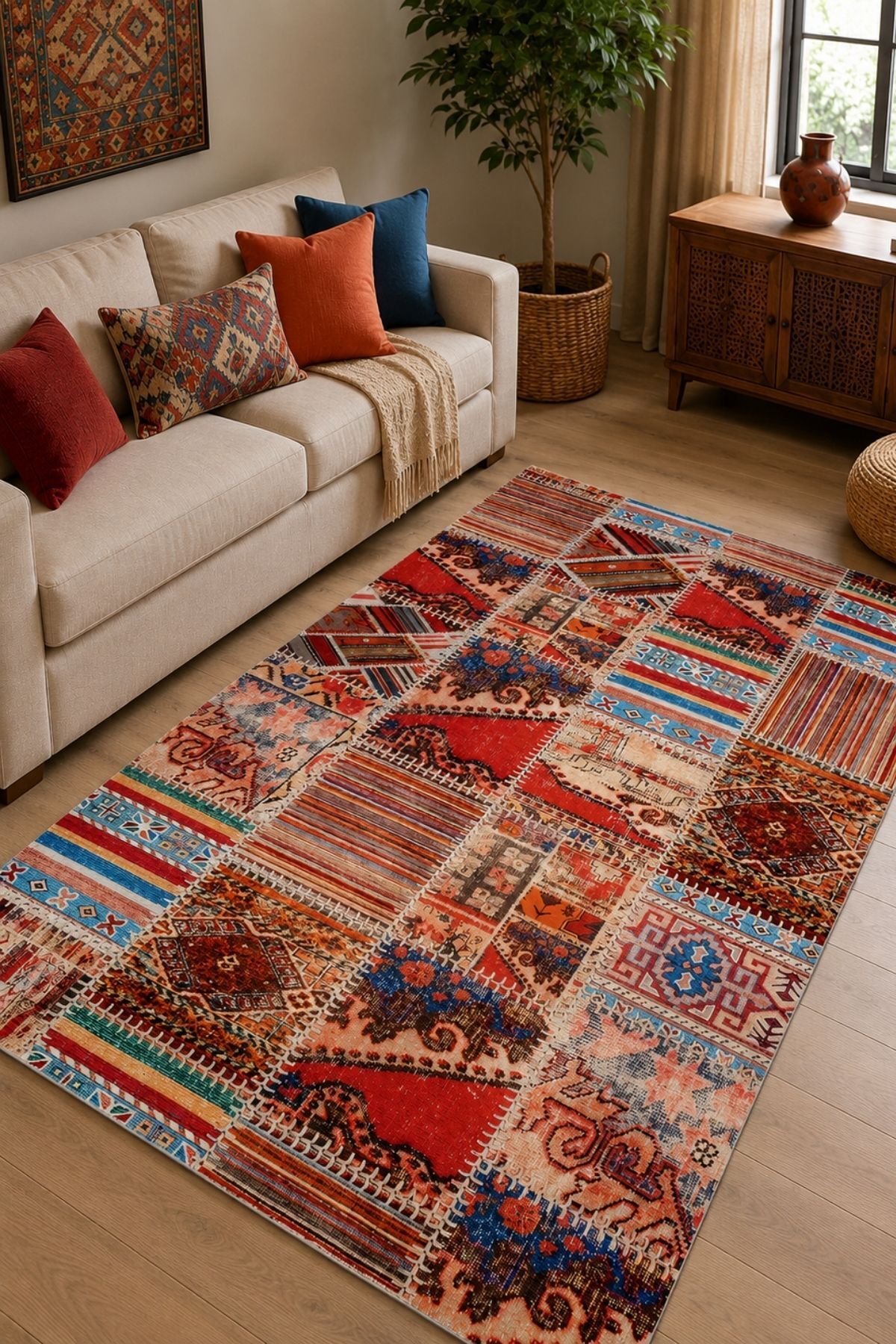 Patchwork Pattern Washable Non-Slip Base Chenille Red Kitchen Rug 4002
