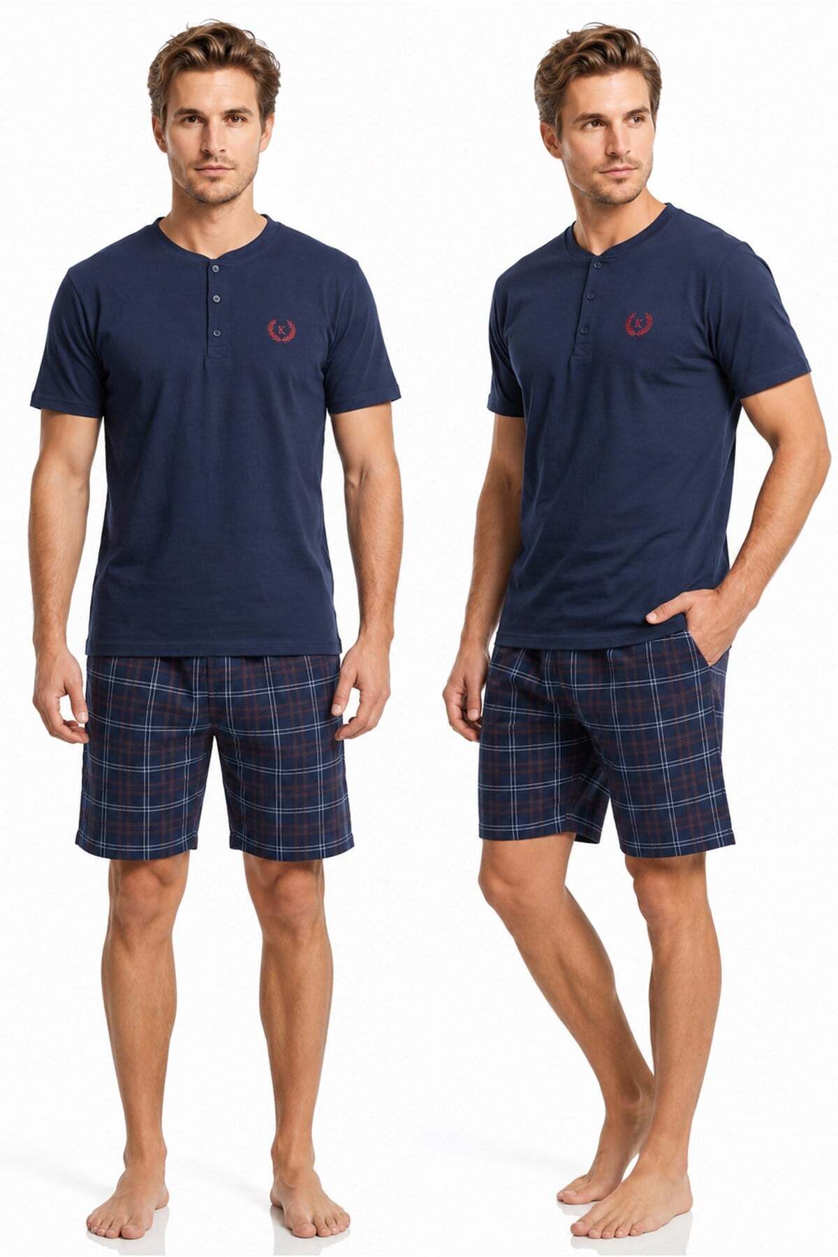 Kompedan Erkek % 100 Pamuk Düğmeli Yaka Altı Ekoseli Cepli Şortlu Pijama Takımı | Lacivert 1000-70