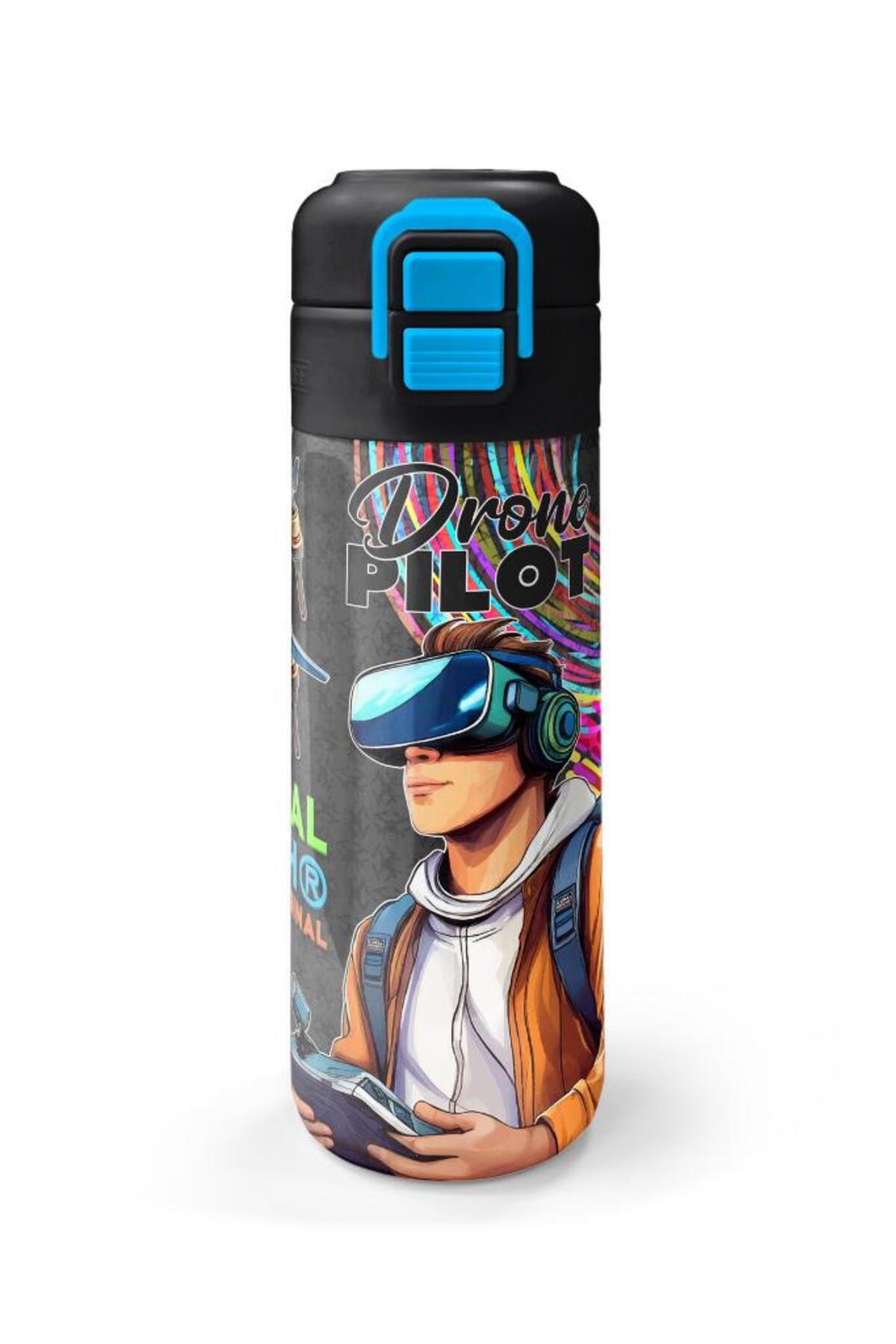 Kids Siyah Drone Pilot Desenli Pipetli ve Direkt İçim Çelik Termos 500 ml 31996