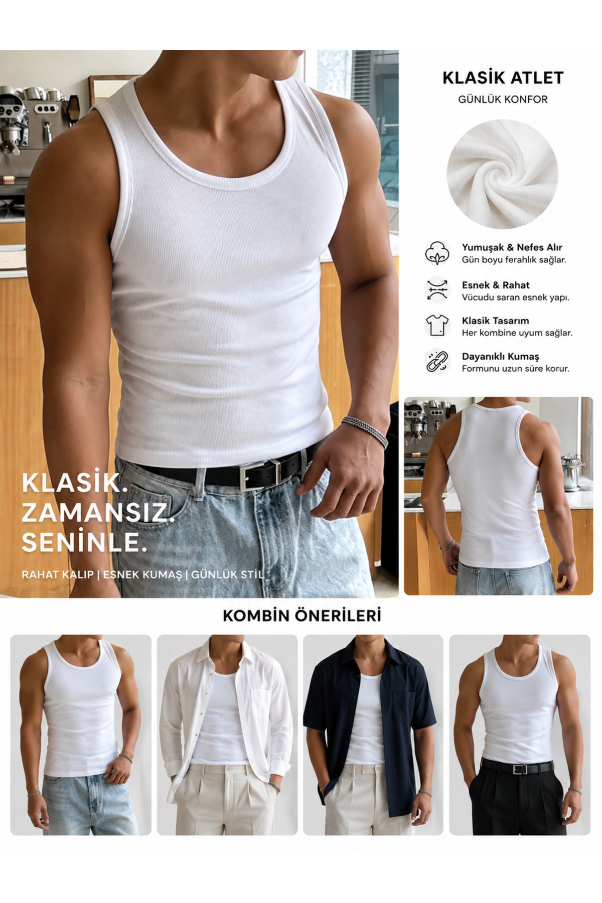 Riowela Erkek Atlet Halter Yaka Sporcu Pamuklu Atlet Beyaz görsel 2