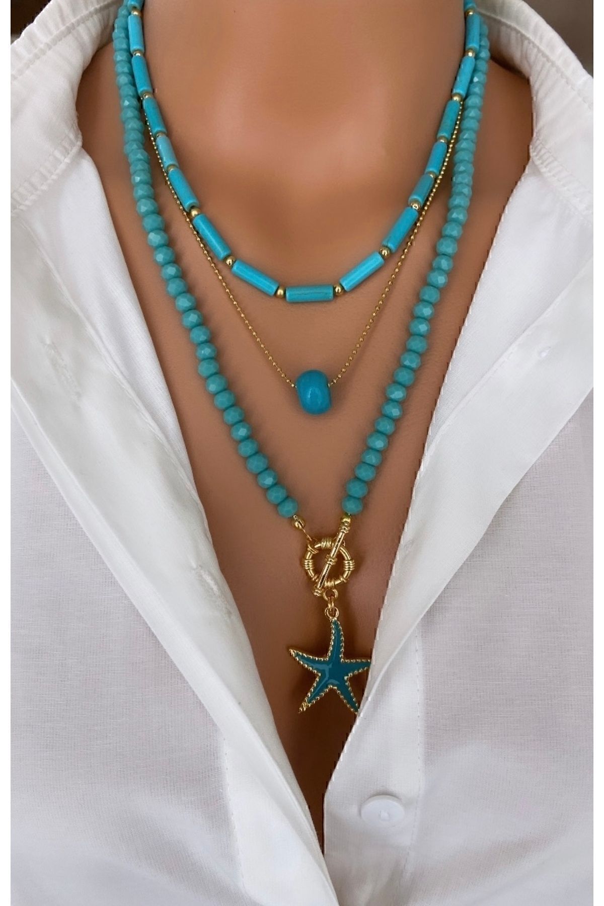(three NECKLACES) Natural Stone Blue Turquoise Stick Turquoise Star Crystal Women Necklace in Valentine's Mother's Day Gift Box