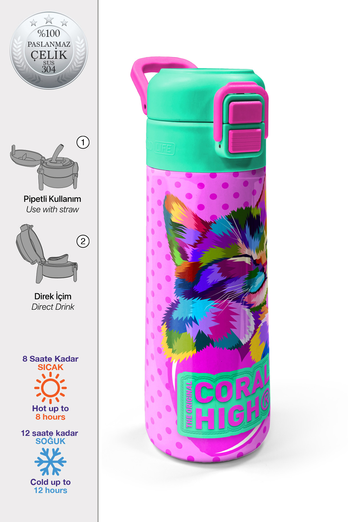 Kids Pembe Mavi Kedi Desenli Pipetli ve Direkt İçim Çelik Termos 500 ml 31842