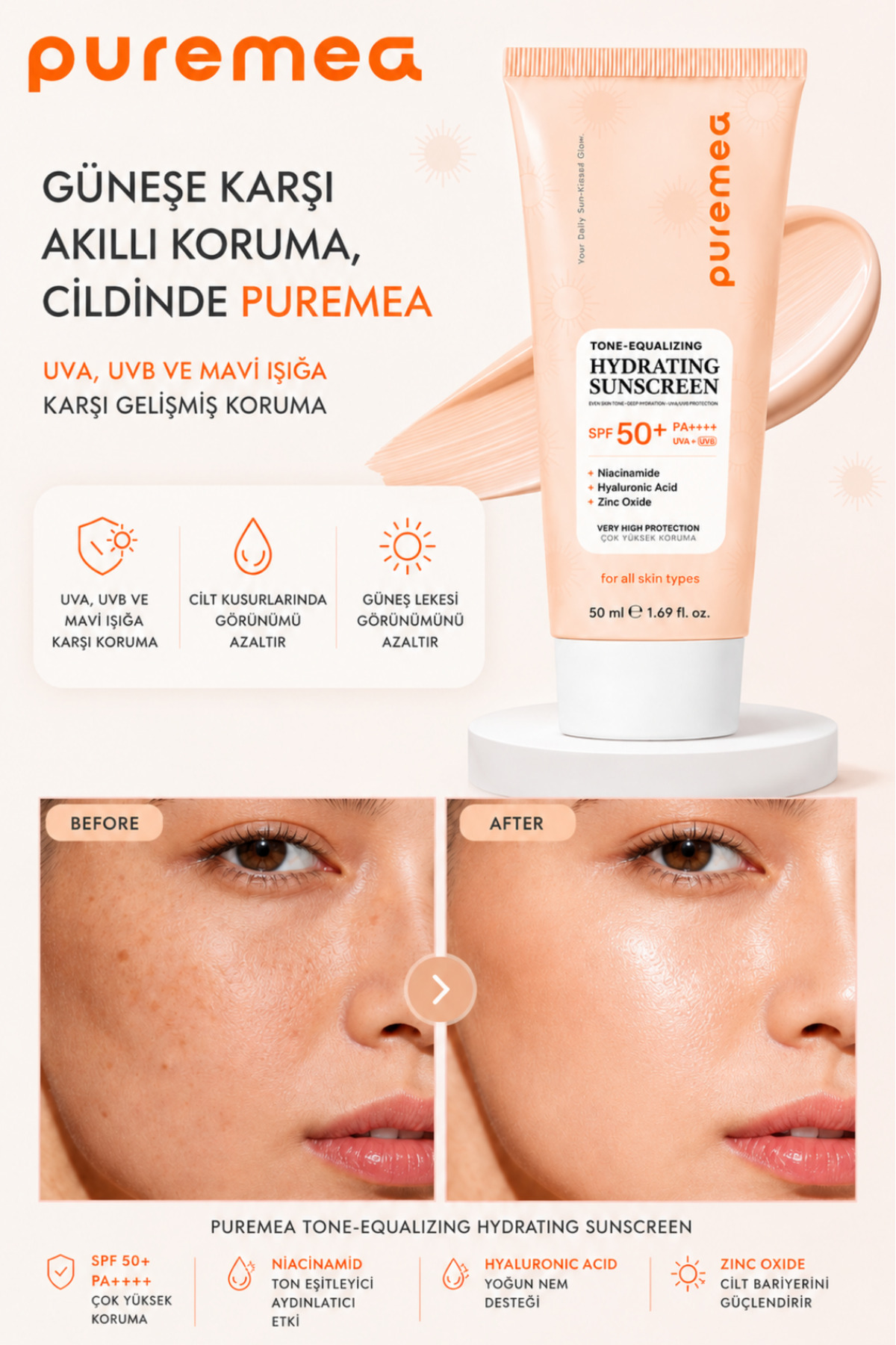 Tone-Up SPF 50+ PA++++ | Beyazlık Bırakmayan, Ton Eşitleyen & Aydınlık Görünüm Veren Yoğun Nemlendirici Güneş Kremi 50 ml — TYC26E2193DBDD7251AAB4900 — تصویر 4 از 8