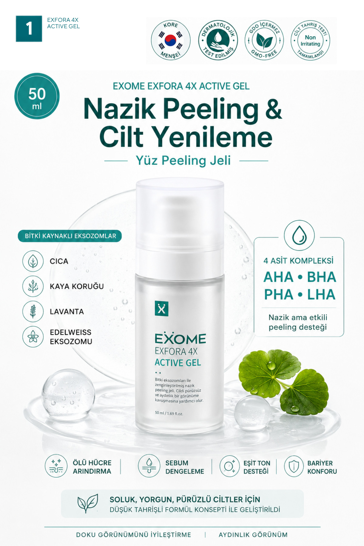AHA BHA PHA LHA Peeling Jeli | Bitki Kaynaklı Eksozomlu Profesyonel Yüz Bakımı | Exfora 4X Active Gel | 50 ml — Exome001 — تصویر 2 از 6