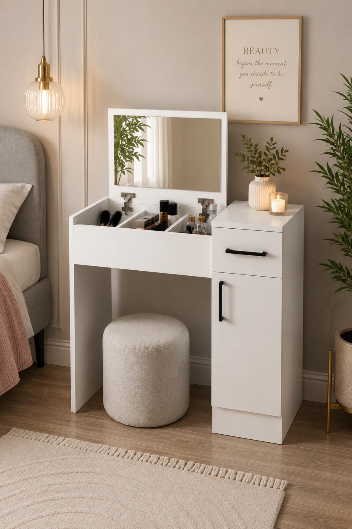 Makeup Table with Pearl White Mirror – Drawer, Cabinet & Stylish Design