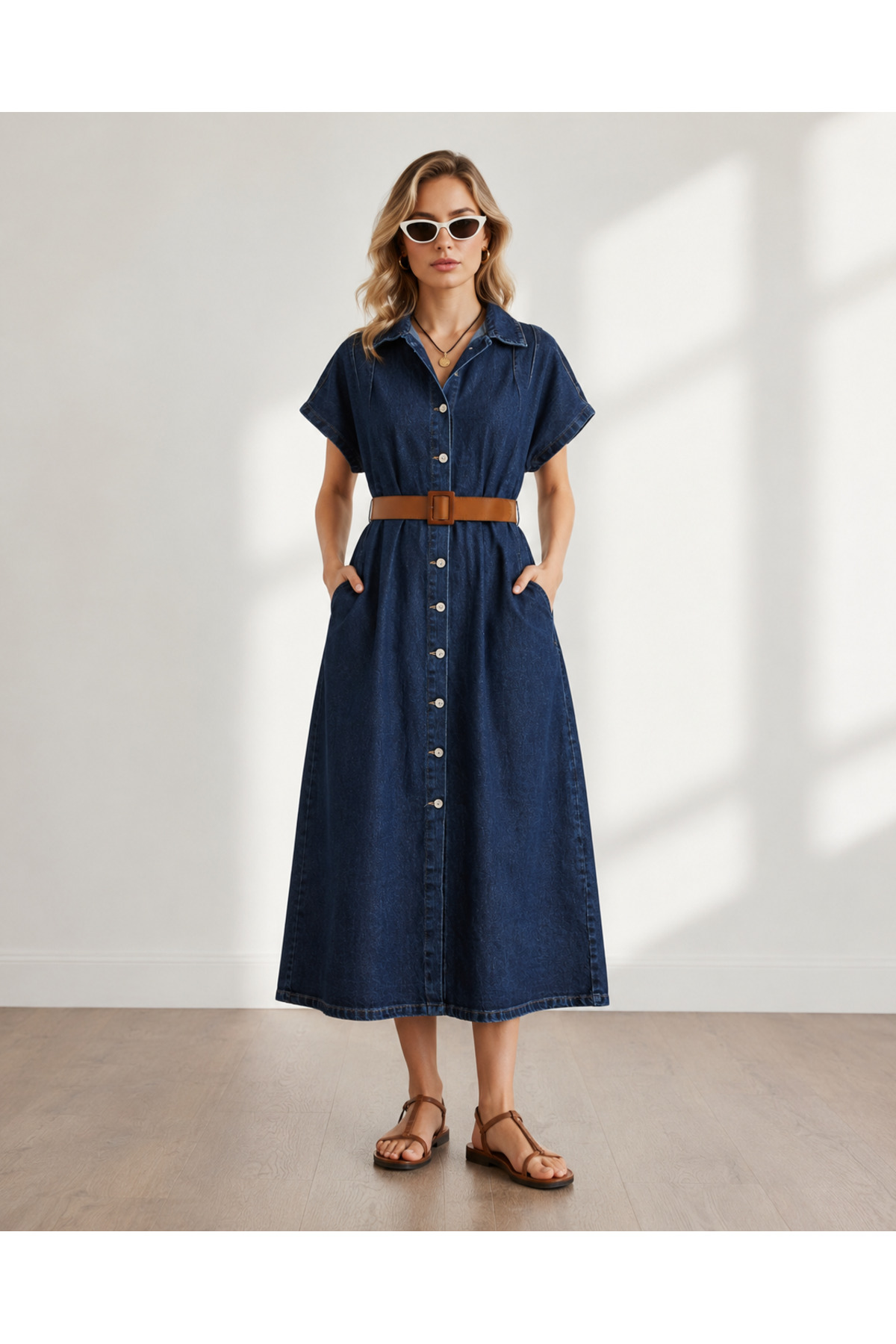 Kadın Koyu Mavi Yarasa Kol Düğmeli Kemerli Maksi Denim Elbise ELB-19002477