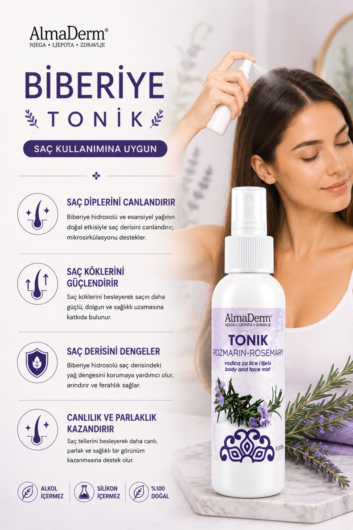 Biberiye Özlü %100 Doğal Cilt ve Saç için Arındırıcı & Dengeleyici Tonik — AT02