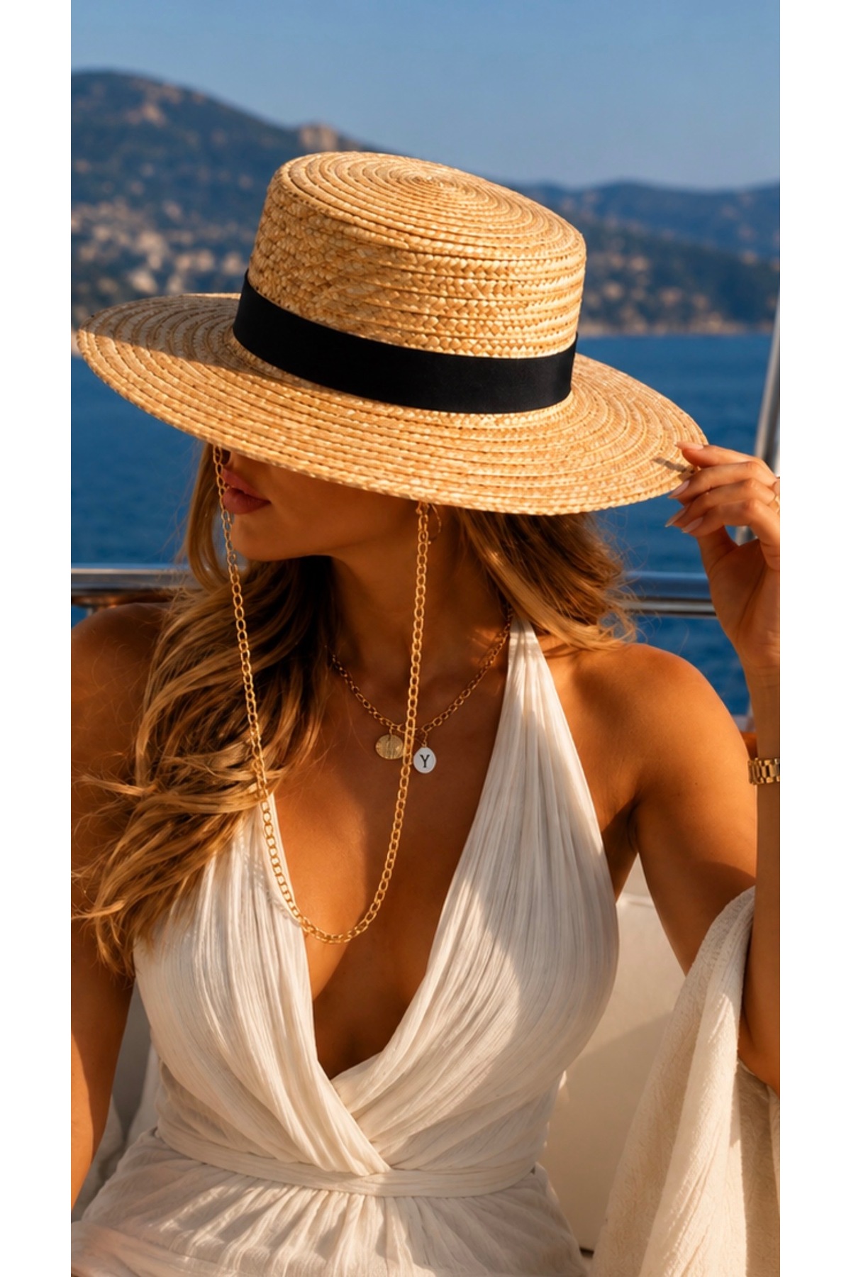 DESS DESIGN Boıte Straw Hat (zincirli Hasır Şapka )- Zincir Aksesuarlı Yazlık Kadın Doğal Hasır Boater Şapka görsel 2
