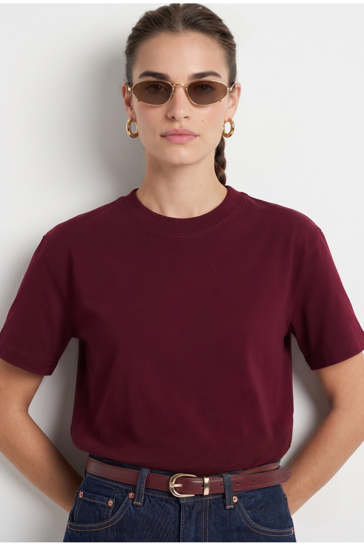 Ritnice Kadın Rise Dekoratif Yaka Tok Doku %100 Pamuk Bordo T-Shirt