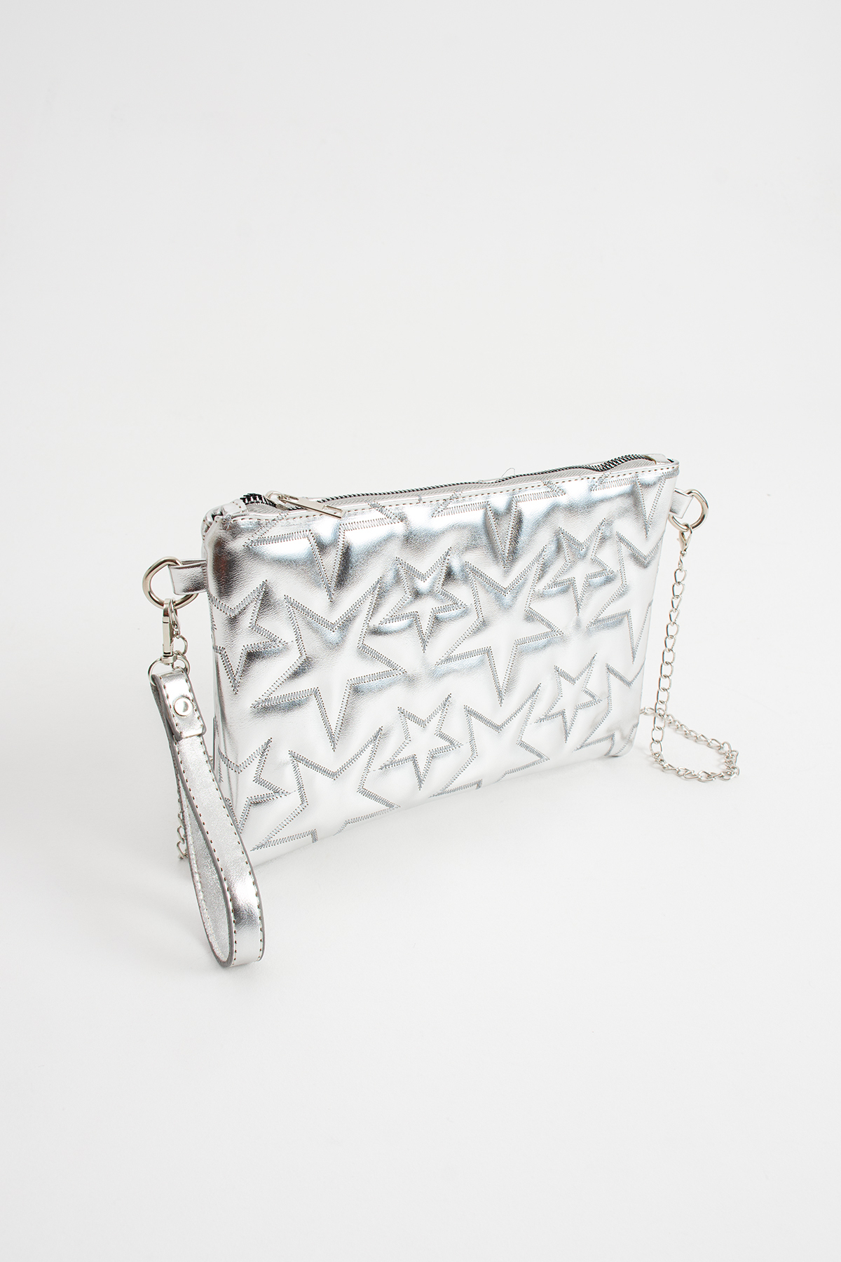 Zealous Yıldız desenli Gümüş Portföy & Clutch Çanta Çıkarabilir Bileklik Askılı 30x19 cm görsel 2