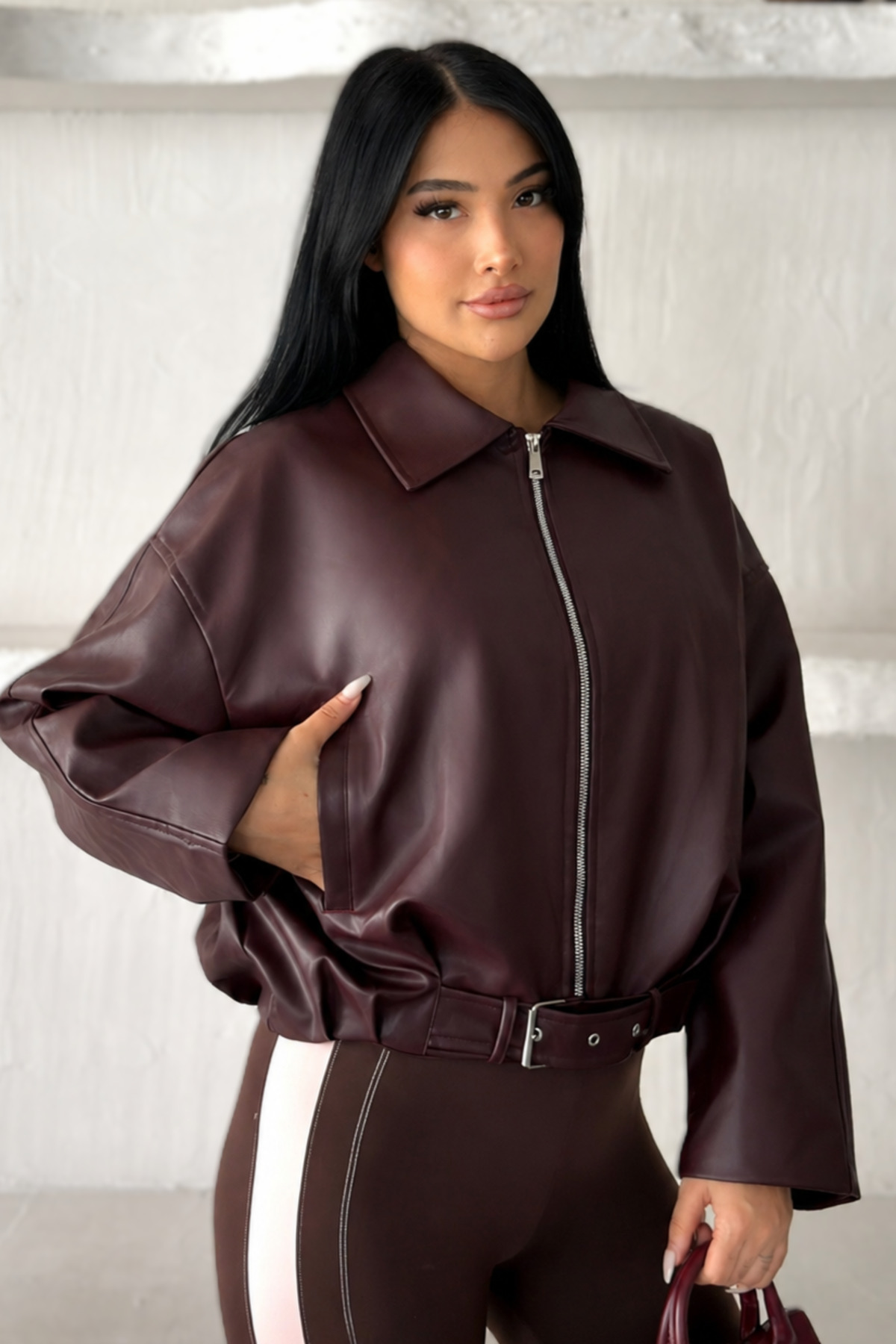 moda armanc Kadın Oversize Bomber Suni Deri Ceket | Yeni Sezon Kemerli Biker Ceket görsel 5