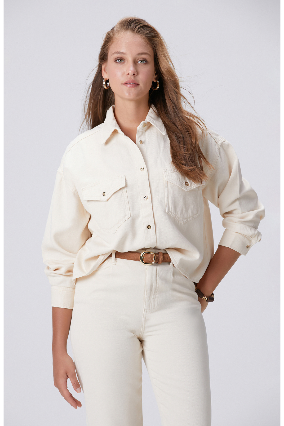 Network Kırık Beyaz Tencel Karışımlı Denim Gömlek görsel 4