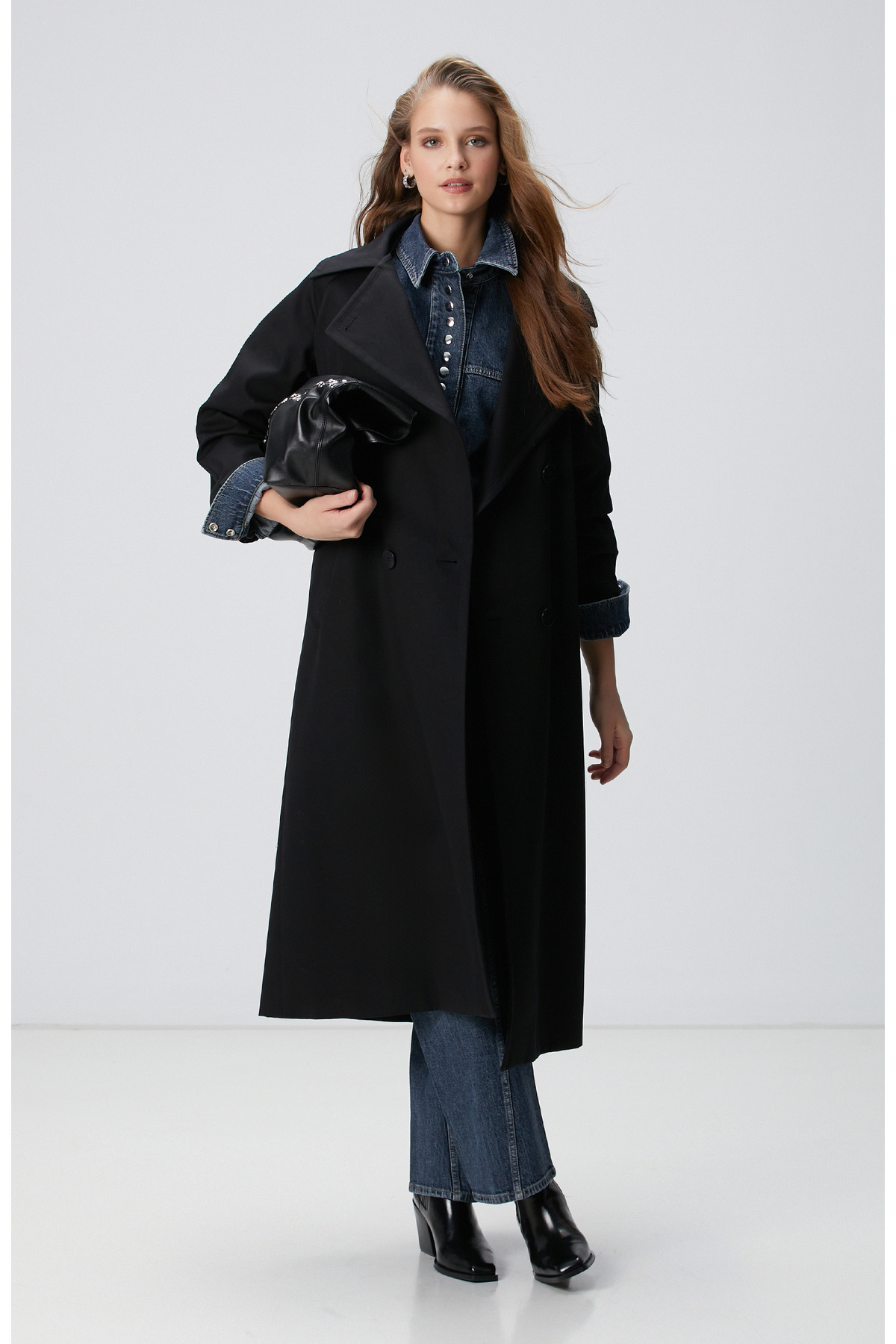 Network Siyah Kruvaze Trench Coat