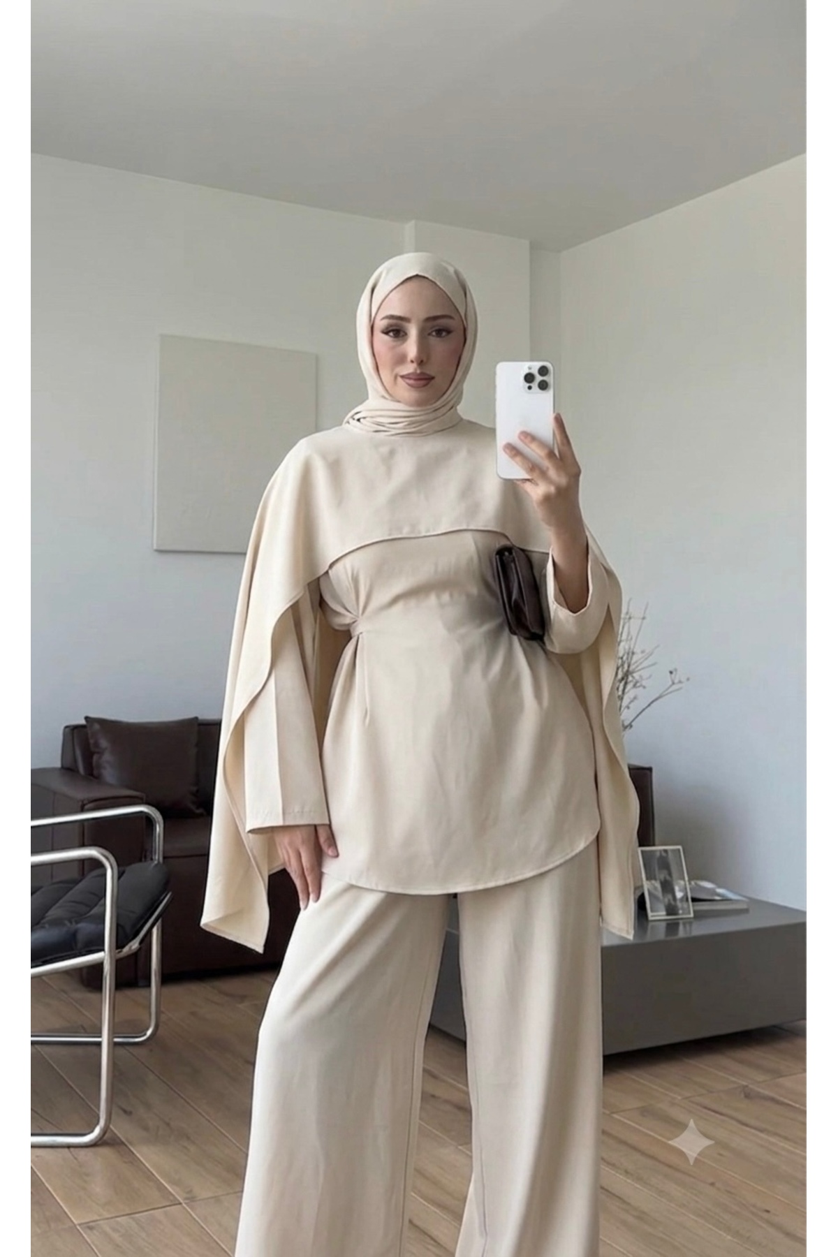 YUNAKI Pelerin Detaylı Kadın İkili Tesettür Takım/ Alt Üst Pantolon İkili Takım görsel 3