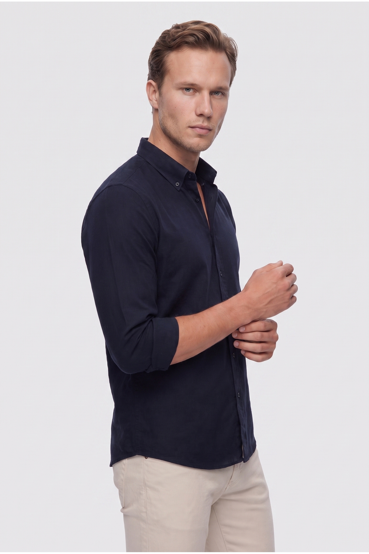 D'S Damat Ds Damat Slim Fit Lacivert Düğmeli Yaka %100 Pamuk Yazlık Flamlı Keten Görünümlü Gömlek görsel 2