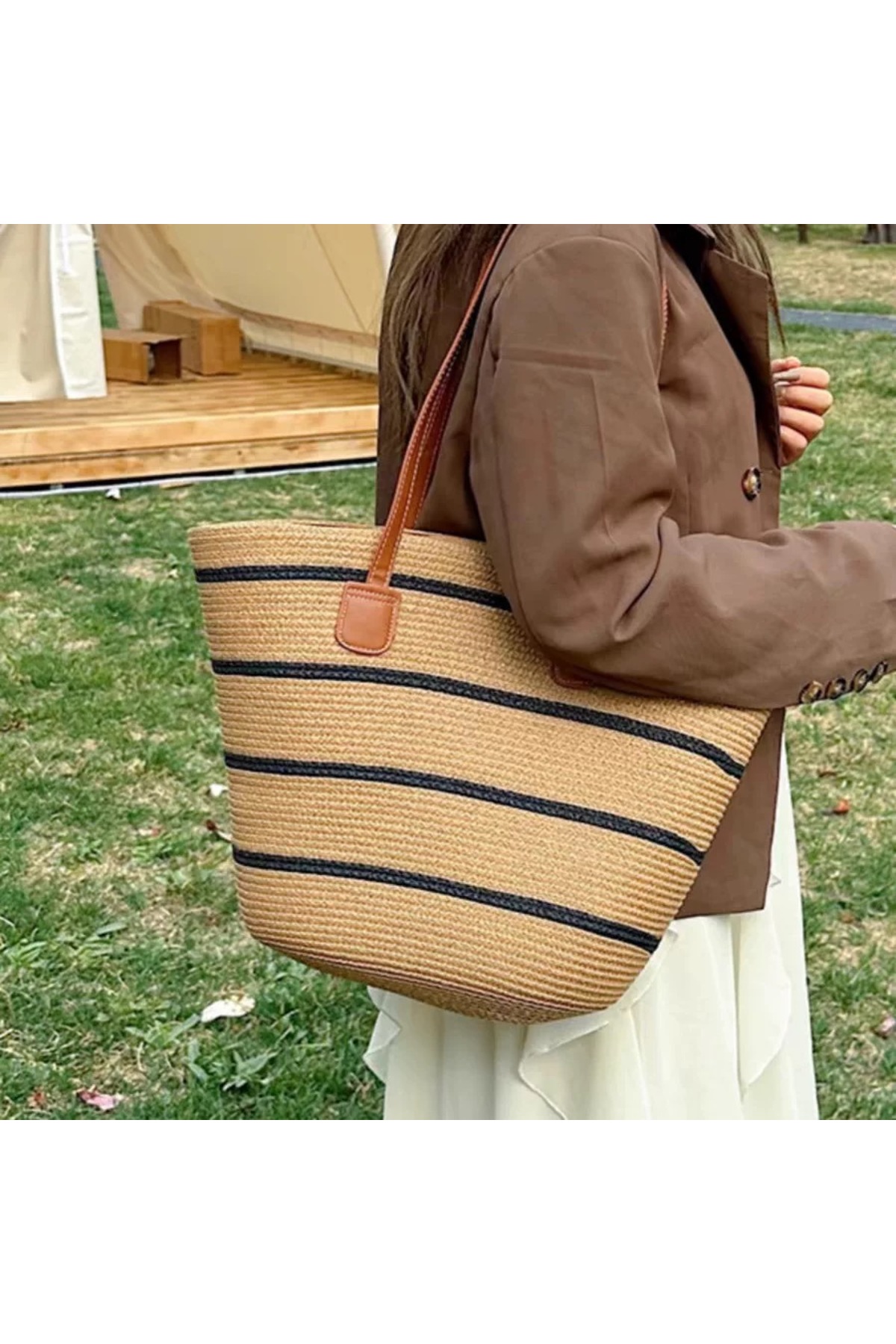 Axesoire NWC-1043-1 Çizgili Camel Siyah Hasır Çanta görsel 7