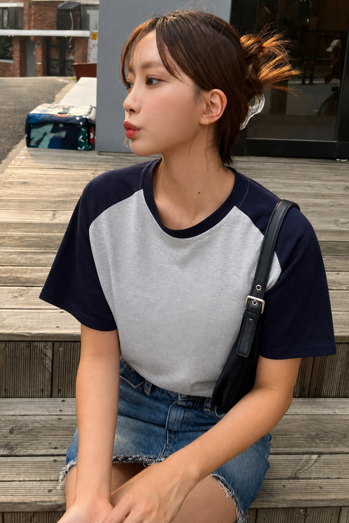 DUBU BUTİK Gri Gövde Lacivert Reglan Kol Süprem T-Shirt - Oversize Bisiklet Yaka Kısa Kol Tişört görsel 3
