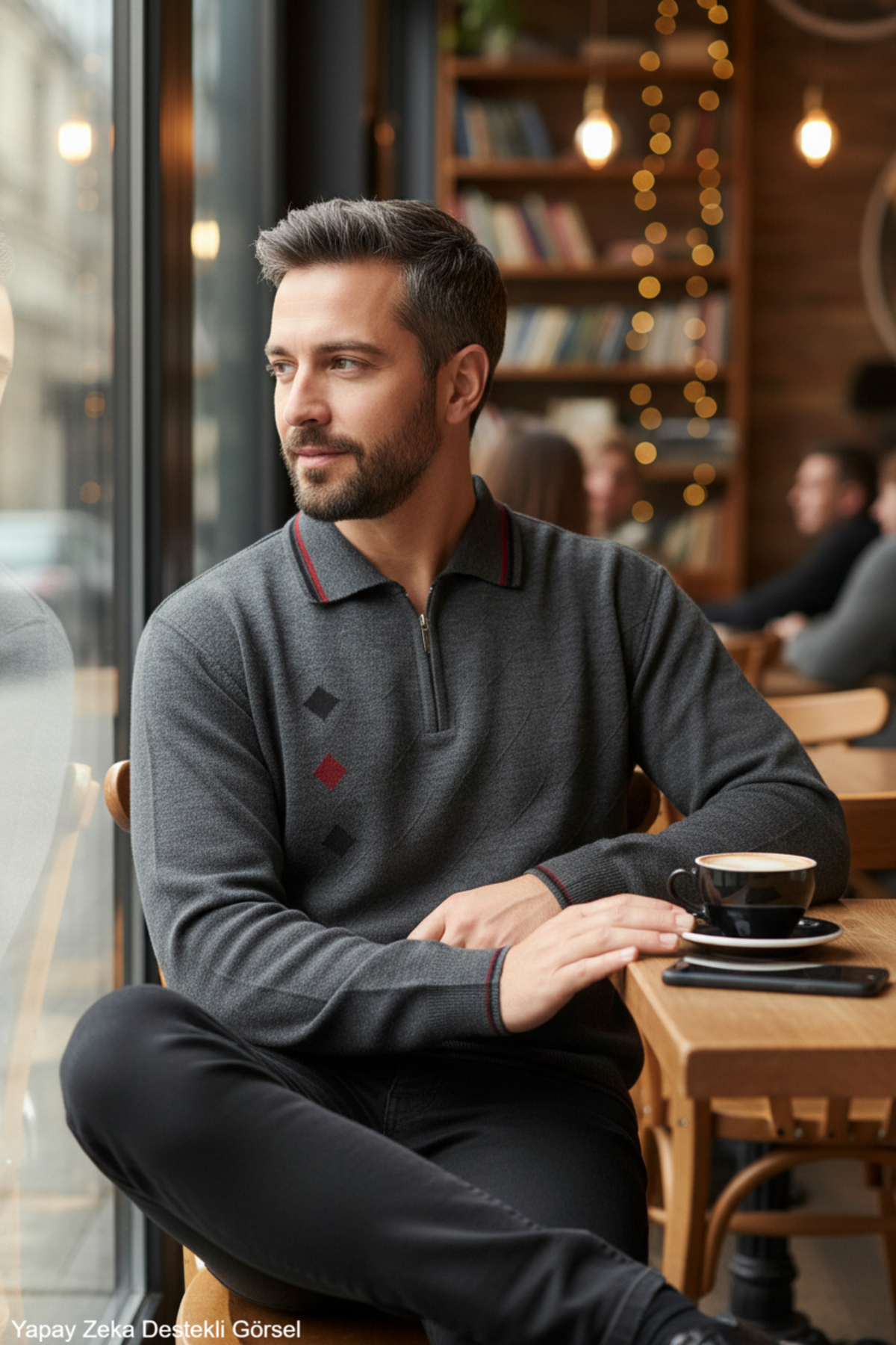 Erkek Gri Tüylenme Yapmayan Standart Fit Normal Kesim Nakış Desen Polo Yaka Triko Kazak