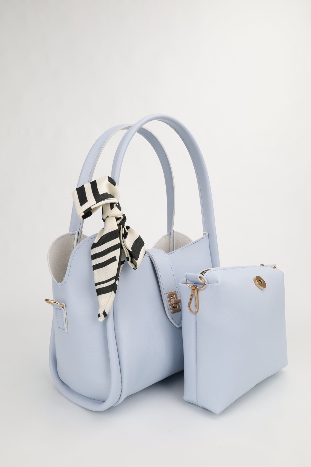 Women's Lock Detailed Three Compartment Design Ice Blue Hand and Shoulder Bag with Removable Makeup Bag Rio