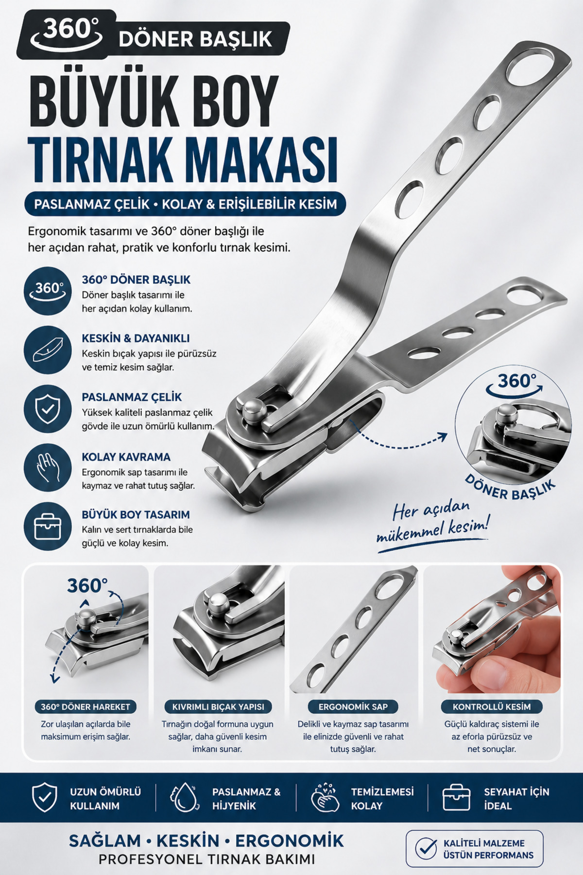 360° Döner Başlıklı Büyük Boy Tırnak Makası Paslanmaz Çelik Ergonomik Kesici — Syku_Solingen_360Tırnak