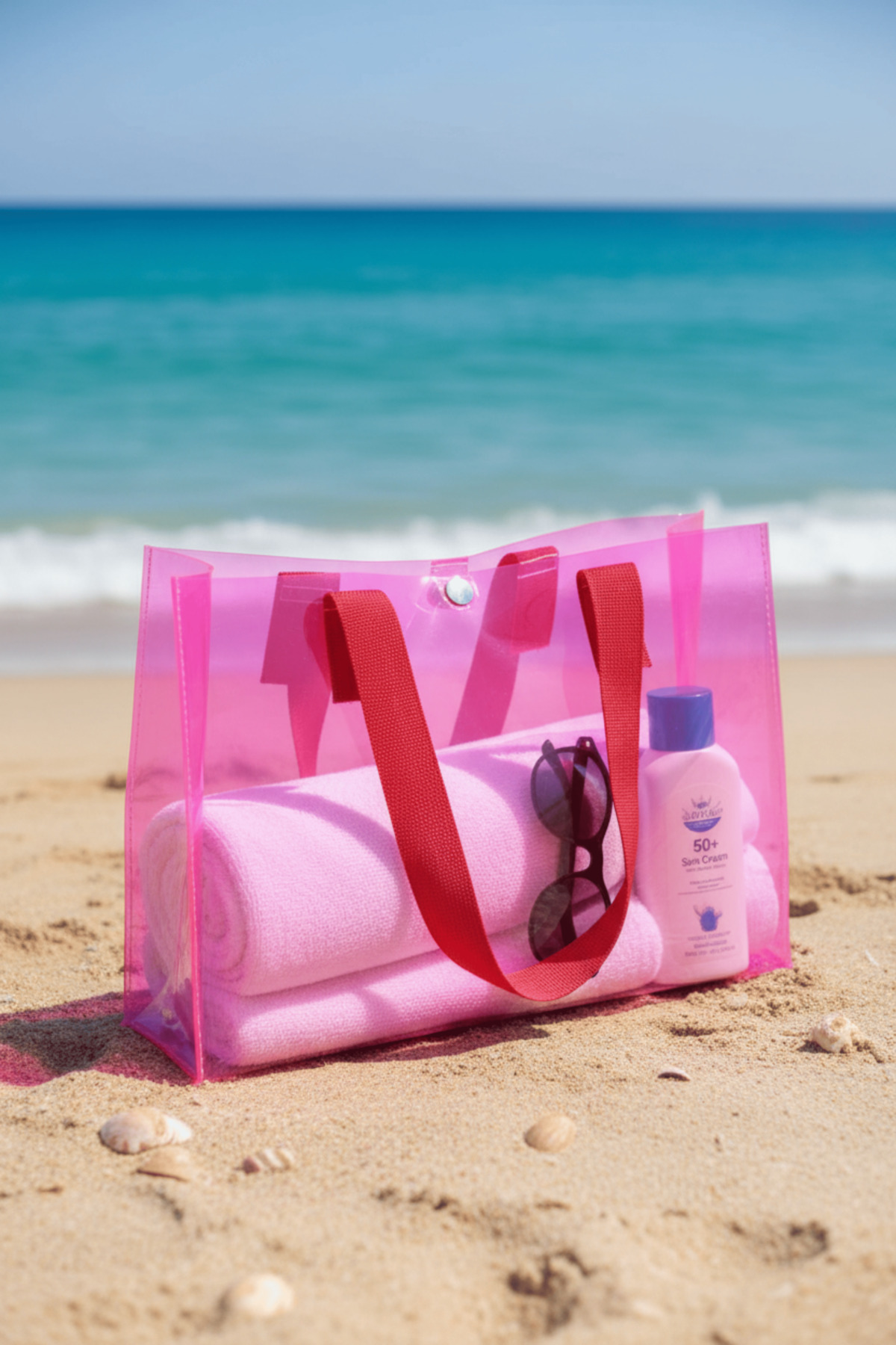 ttm ticaret Pembe Kadın Beach Baskılı Şeffaf Plaj Çantası görsel 7