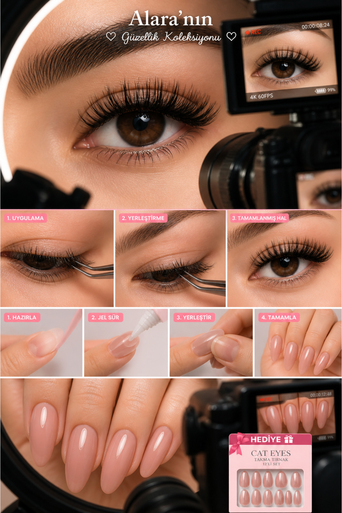 Alara’nın Kirpik Koleksiyonu 600 Demet Cluster Takma Kirpik Seti D Curl 30D 40D 50D 60D + Bond Seal Uygulama Kiti + Cat Eyes 12’li Takma Tırnak Hediyeli — ALR*GUZELLIKKIT600 — تصویر 4 از 7