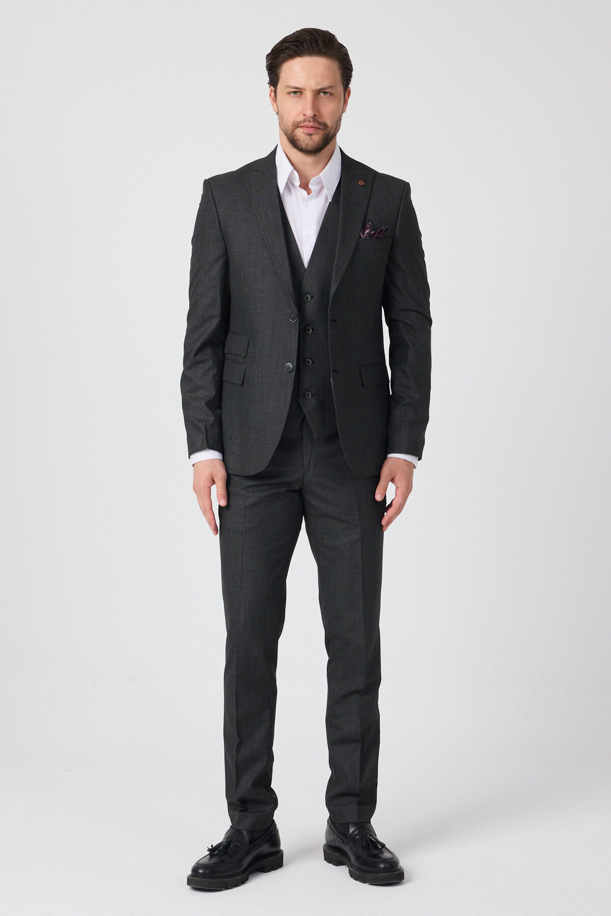 Frappoli Minaldo Men's Black Pointed Collar Polyviscon Fabric Jacket+Pants+Vest Slim Fit Suit