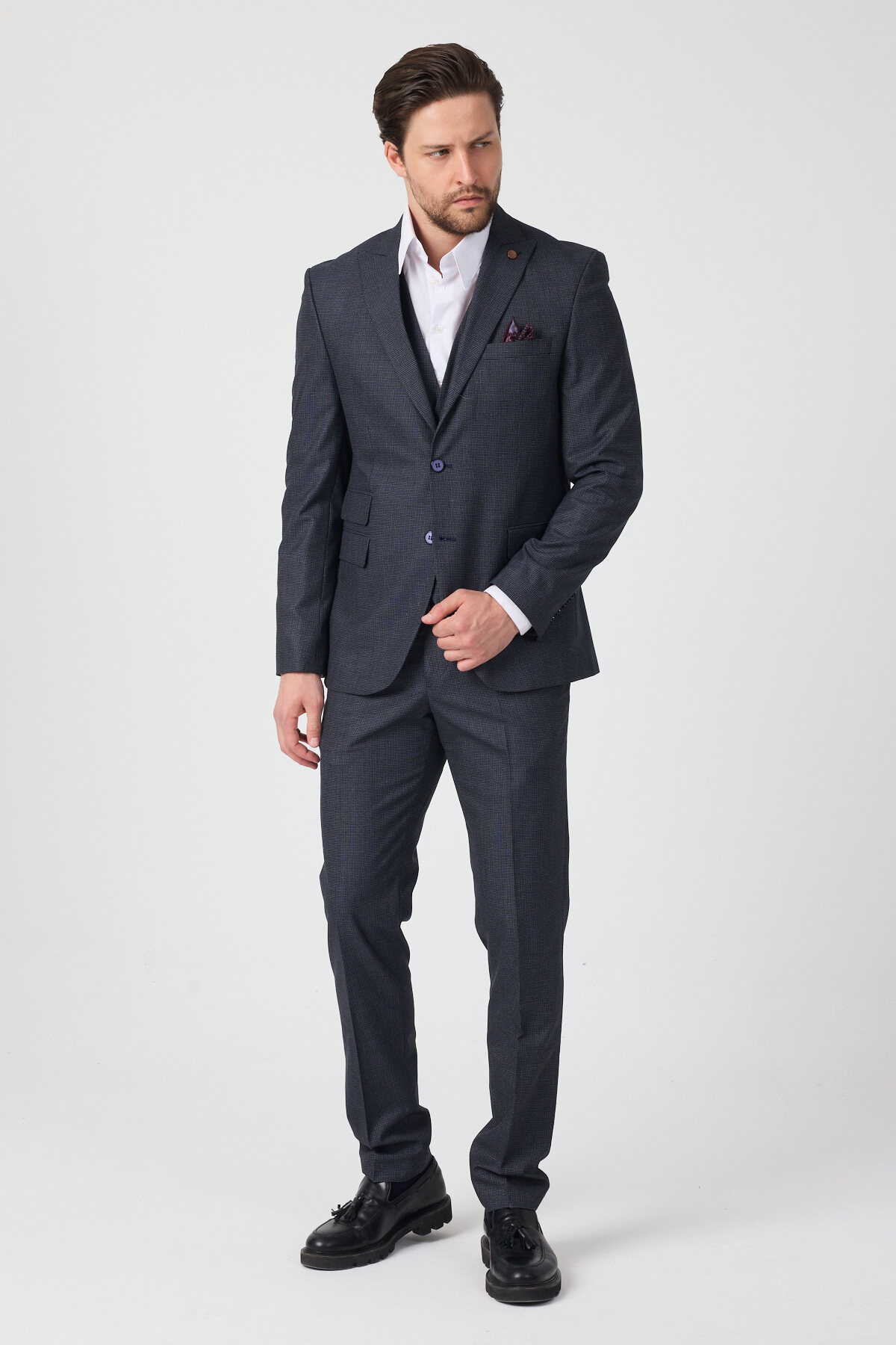Frappoli Minaldo Men's Navy Blue Pointed Collar Polyviscon Fabric Jacket+Pants+Vest Slim Fit Suit
