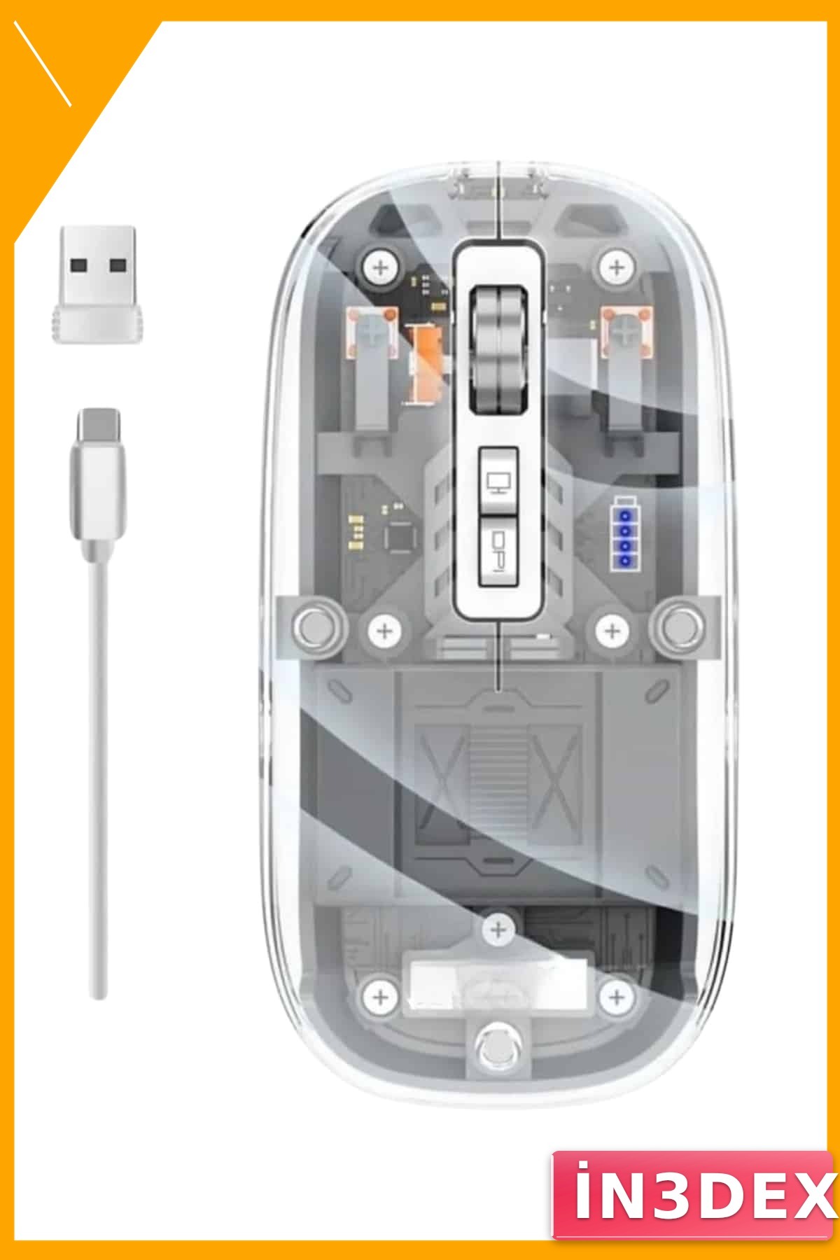 Kablosuz Bluetooth Şarjlı Sessiz Mouse 5 Tuşlu Şeffaf