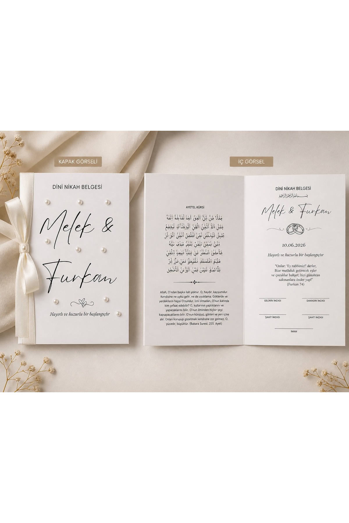 Kişiye Özel İsimli Nikah Belgesi | İnci Kurdele Süslemeli Hatıralık Nikah Sertifikası