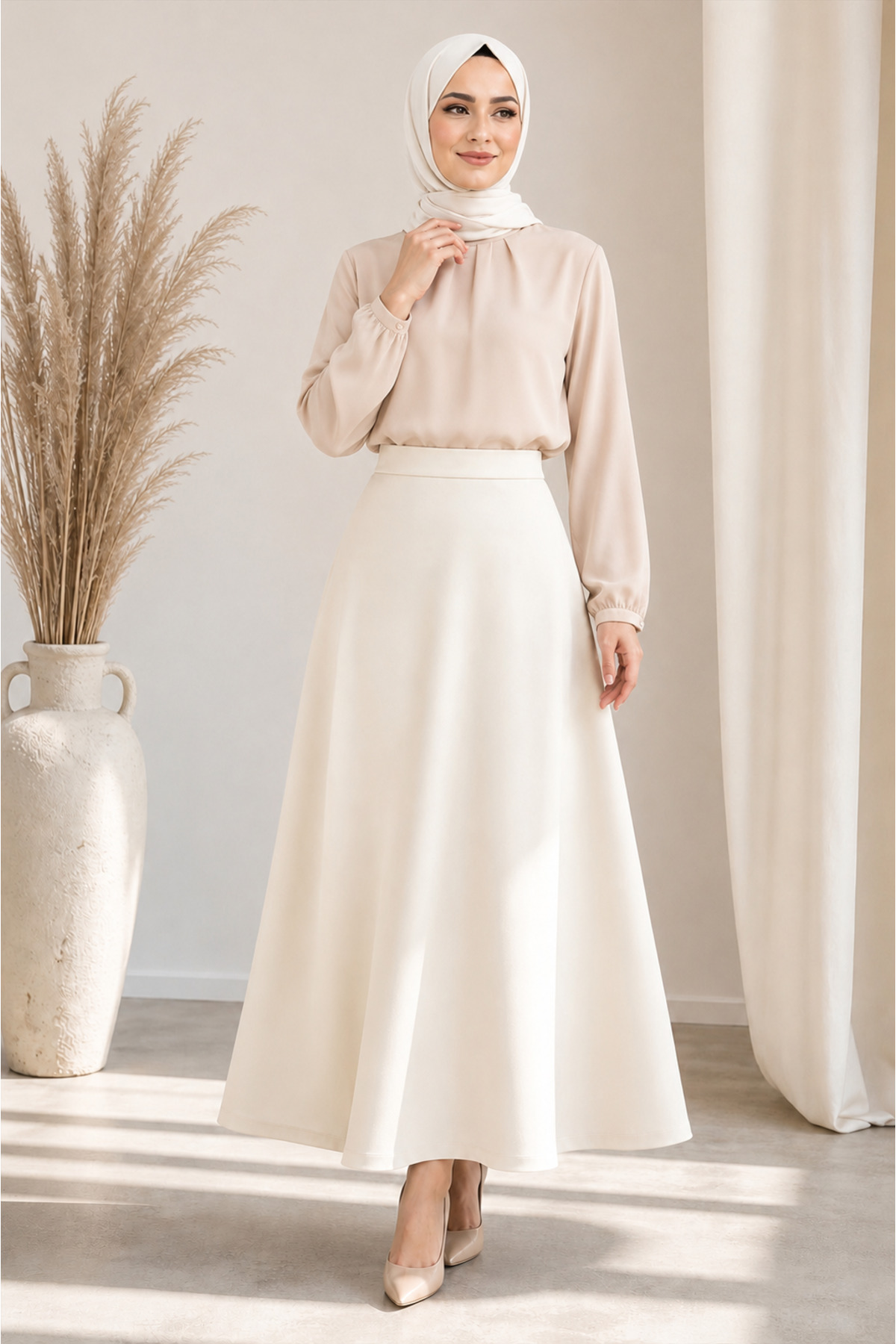 Women's Ecru Knitted Scuba Crepe Hijab and Casual Skirt Length: 94-95cm