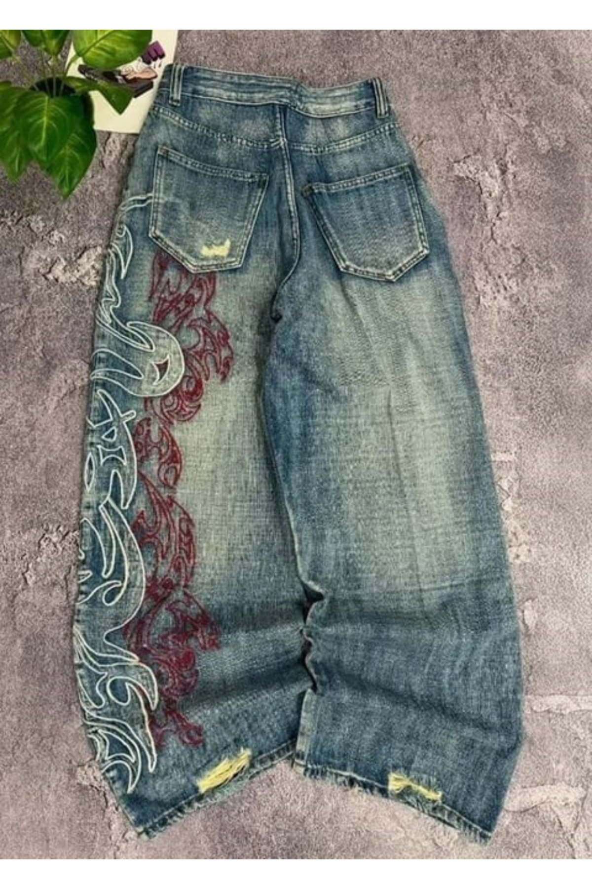 Gofeel Mavi Taşlamalı Vintage Tribal Baskılı Grunge Baggy Unisex Pantolon görsel 3