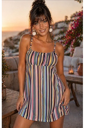 Be Best Kadın Multi Renk Çizgili Önü Büzgülü Mini Elbise BE398