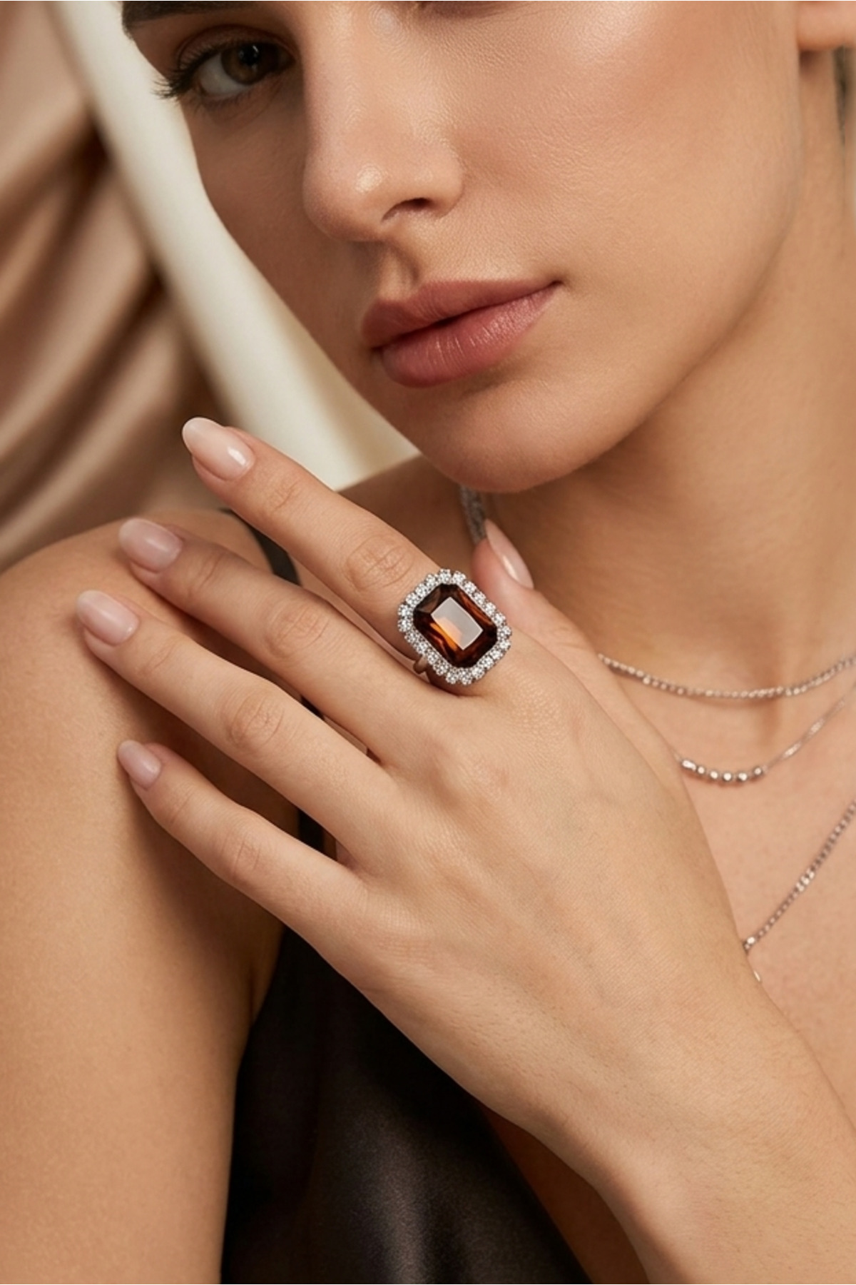 Brown Gem Ring Silver Plated Ring Henna Ring Evening Dress Ring Baguette Ring 2.5cm